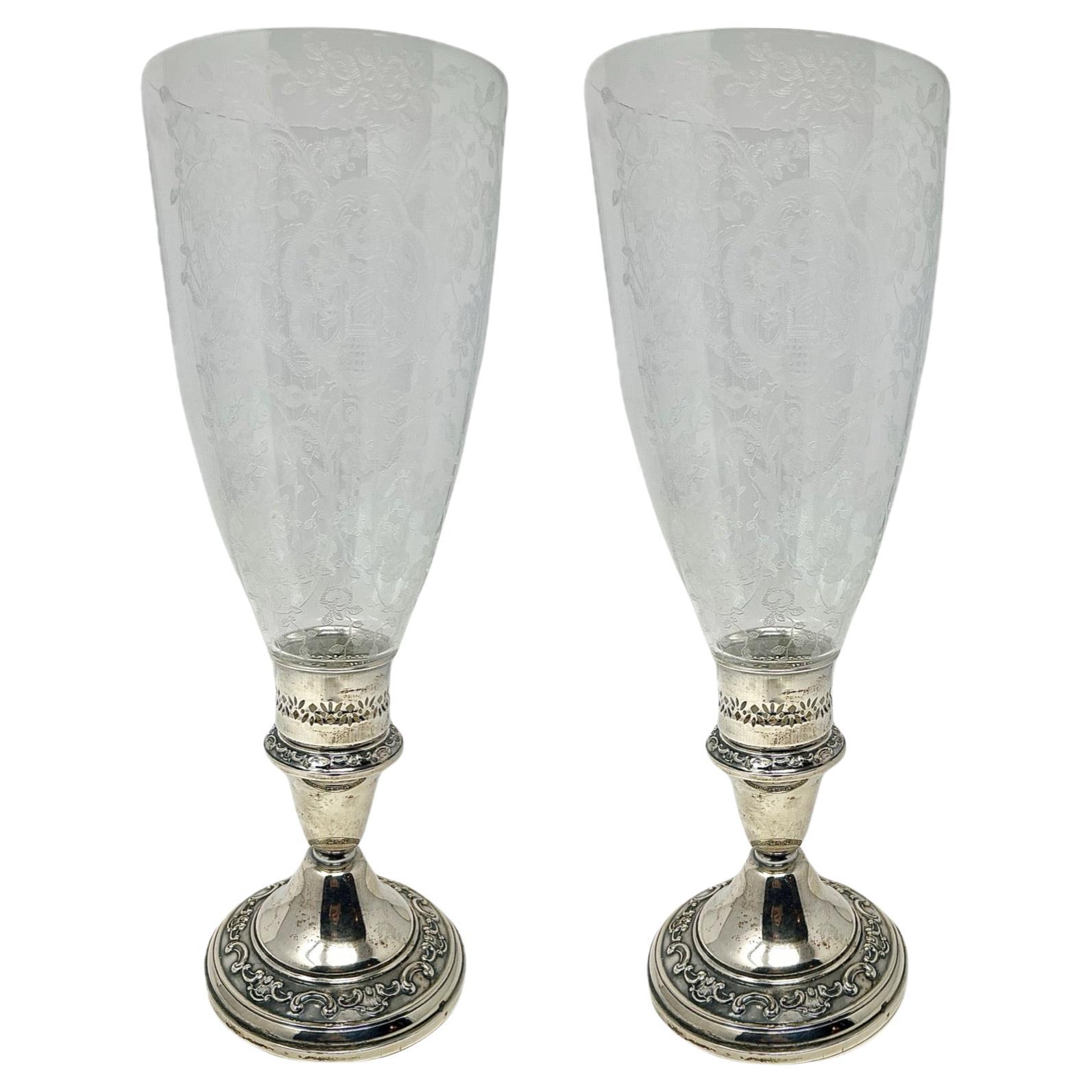 Pair Antique American Gorham Sterling Silver Candlesticks with Hurricane Shades For Sale