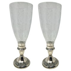 Pair Antique American Gorham Sterling Silver Candlesticks with Hurricane Shades
