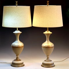 Pair Antique American Porcelain Neoclassical Greek Revival Lamps Vintage