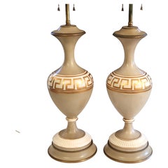 Pair Antique American Porcelain Neoclassical Greek Revival Lamps Vintage