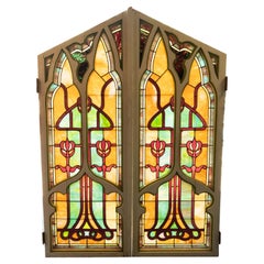 Pair Antique American Stained Glass Gothic Art Nouveau Doors Windows Povey Bros