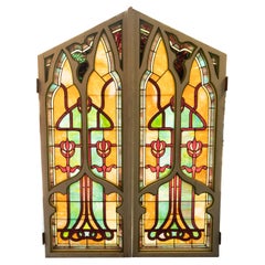 Pair Antique American Stained Glass Gothic Art Nouveau Doors Windows Povey Bros