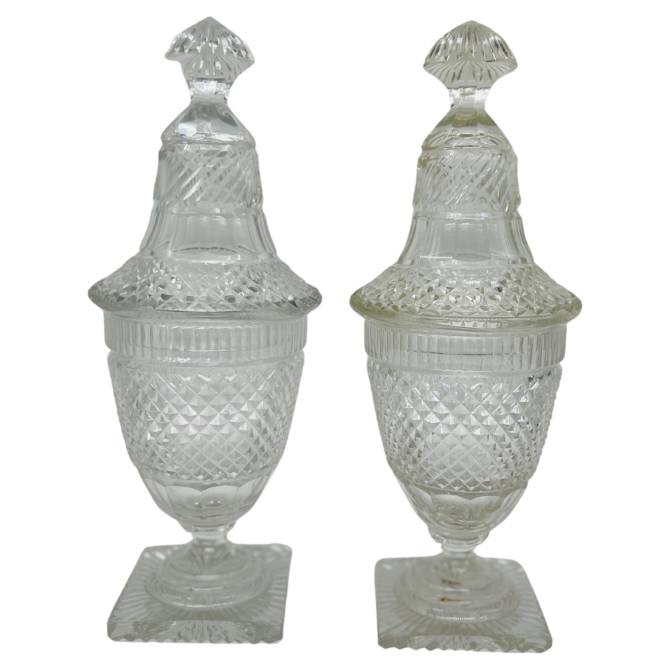 Pair, Antique Anglo Irish Cut Glass Lidded Jars 12.125"
