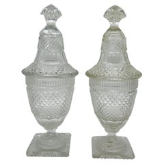 Pair, Antique Anglo Irish Cut Glass Lidded Jars 12.125"