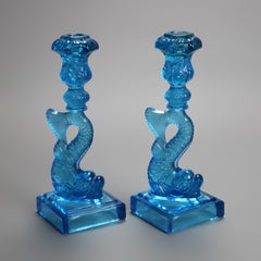 Pair Antique Aqua Figural Fish MMA Sandwich Glass Candlesticks 20thC