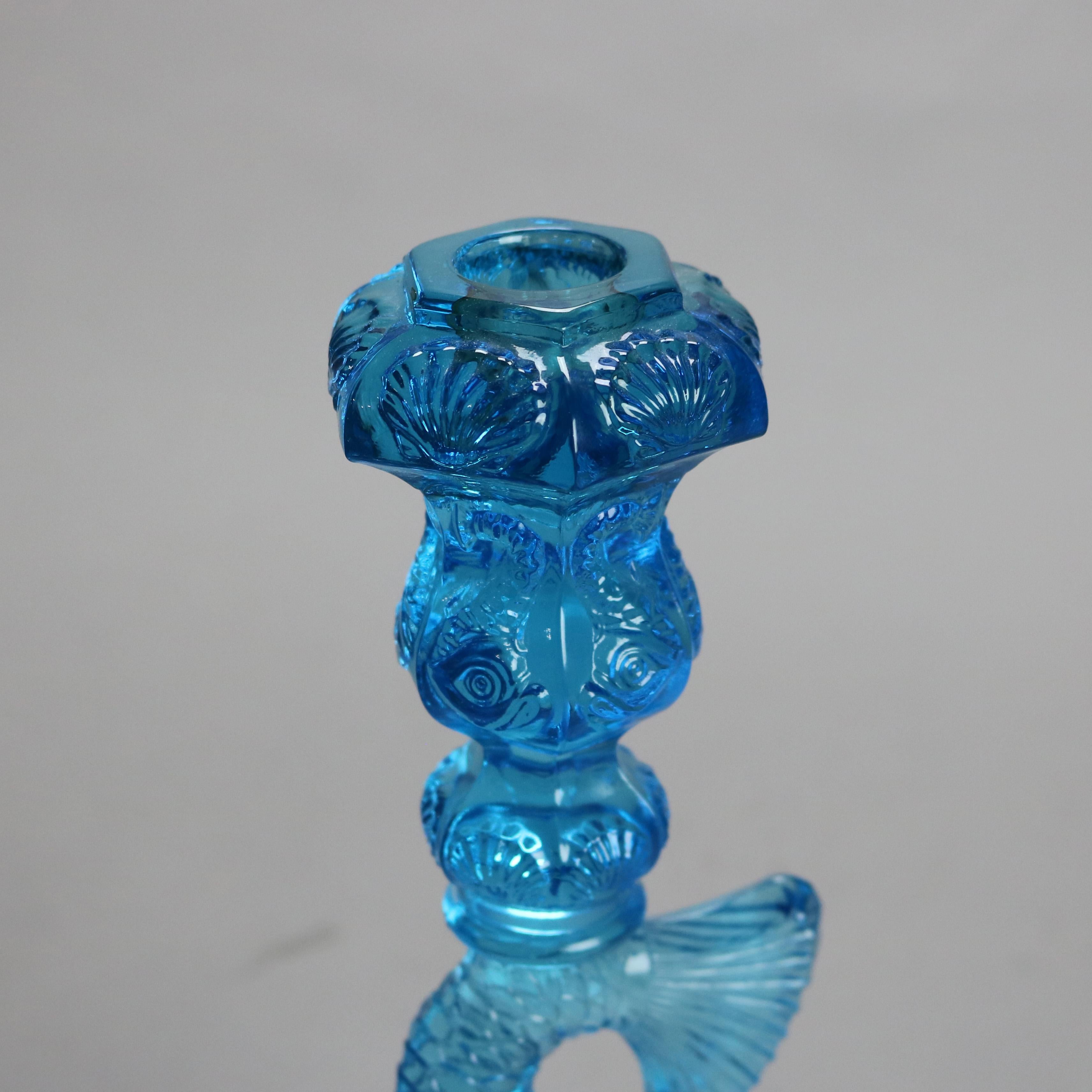 20th Century Pair Antique Aqua Figural Fish MMA Sandwich Glass Candlesticks 20thC