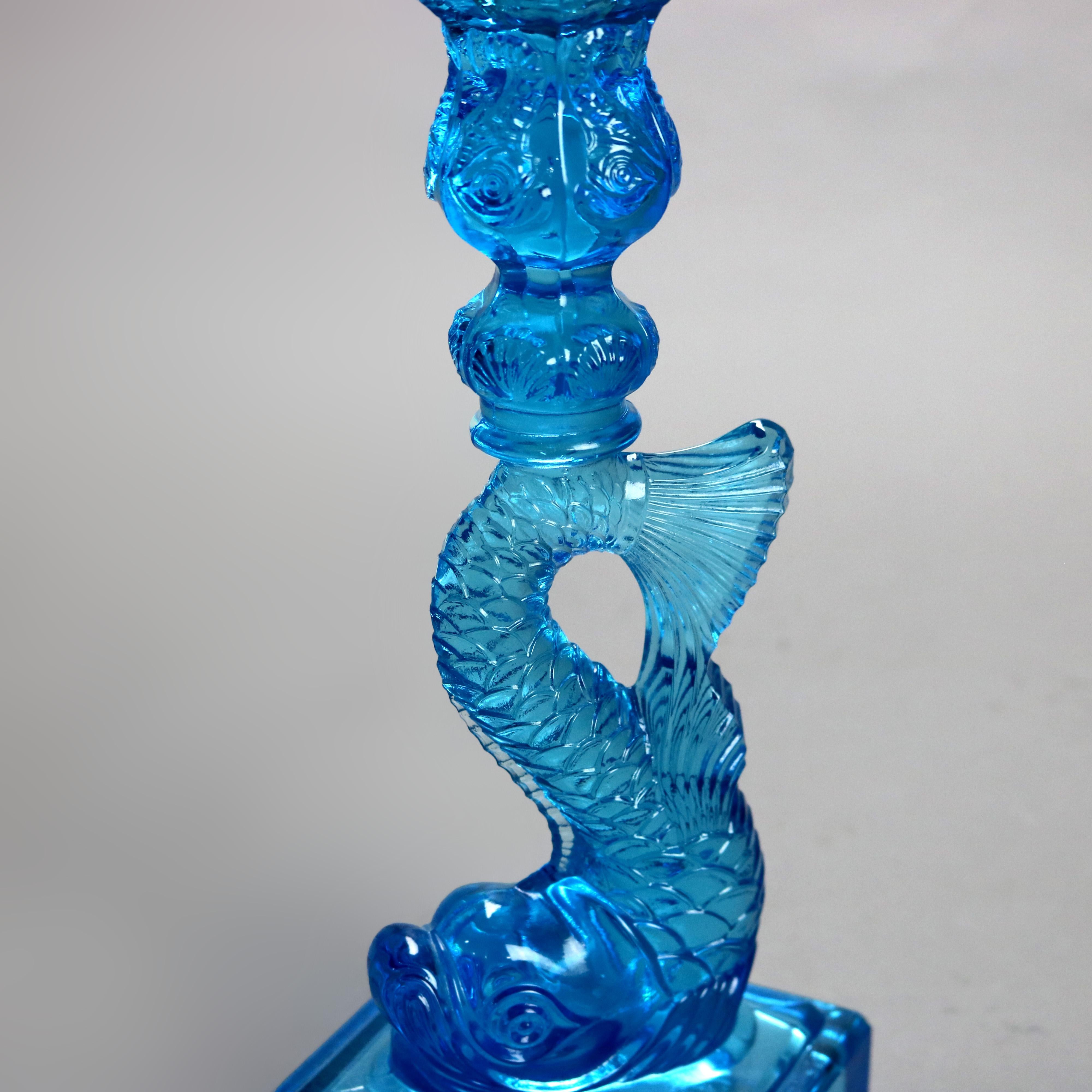 Pair Antique Aqua Figural Fish MMA Sandwich Glass Candlesticks 20thC 1