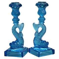 Pair Antique Aqua Figural Fish MMA Sandwich Glass Candlesticks 20thC