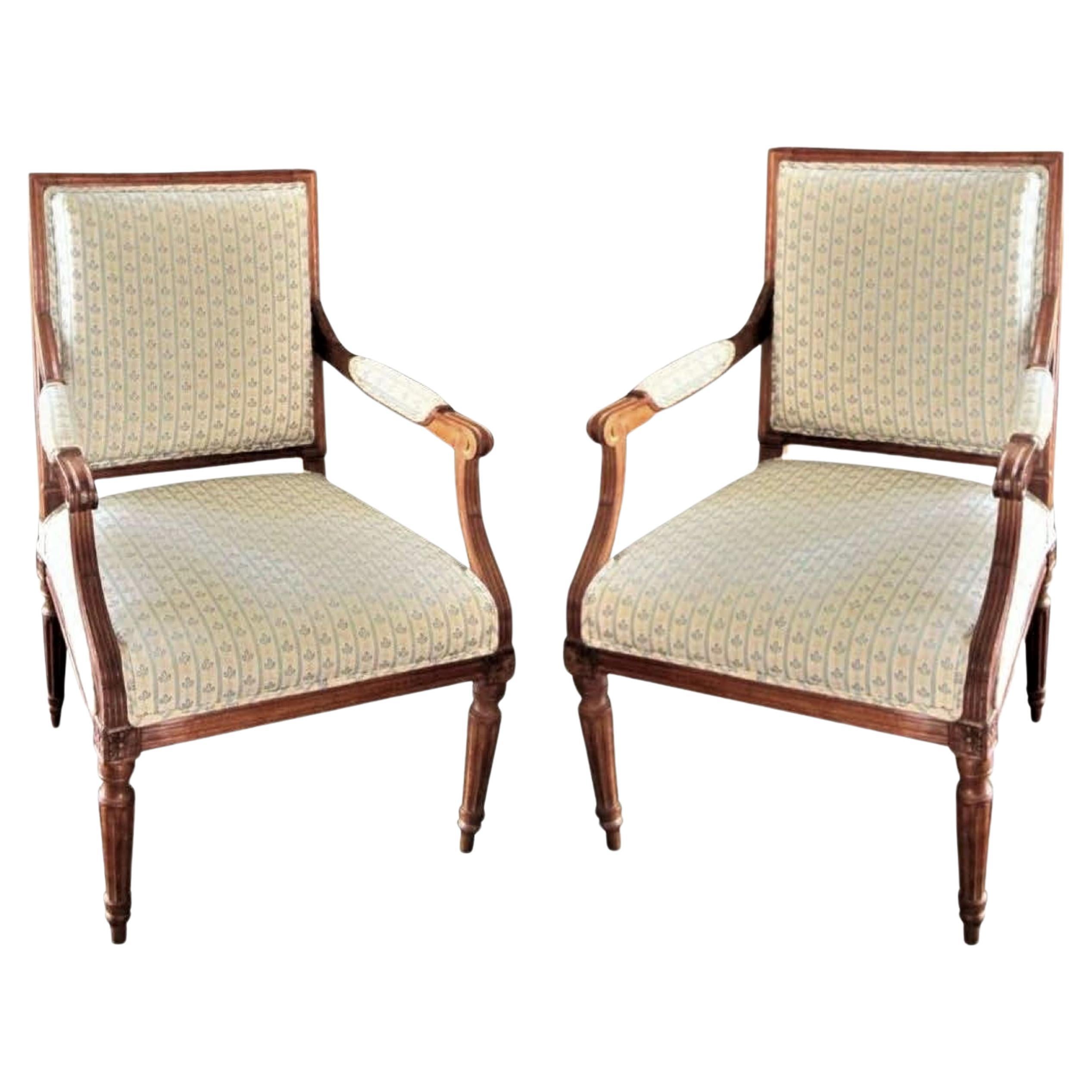 Pair Antique Armchairs Louis XVI Fauteuils in Walnut Dining Entrance Side Chairs For Sale