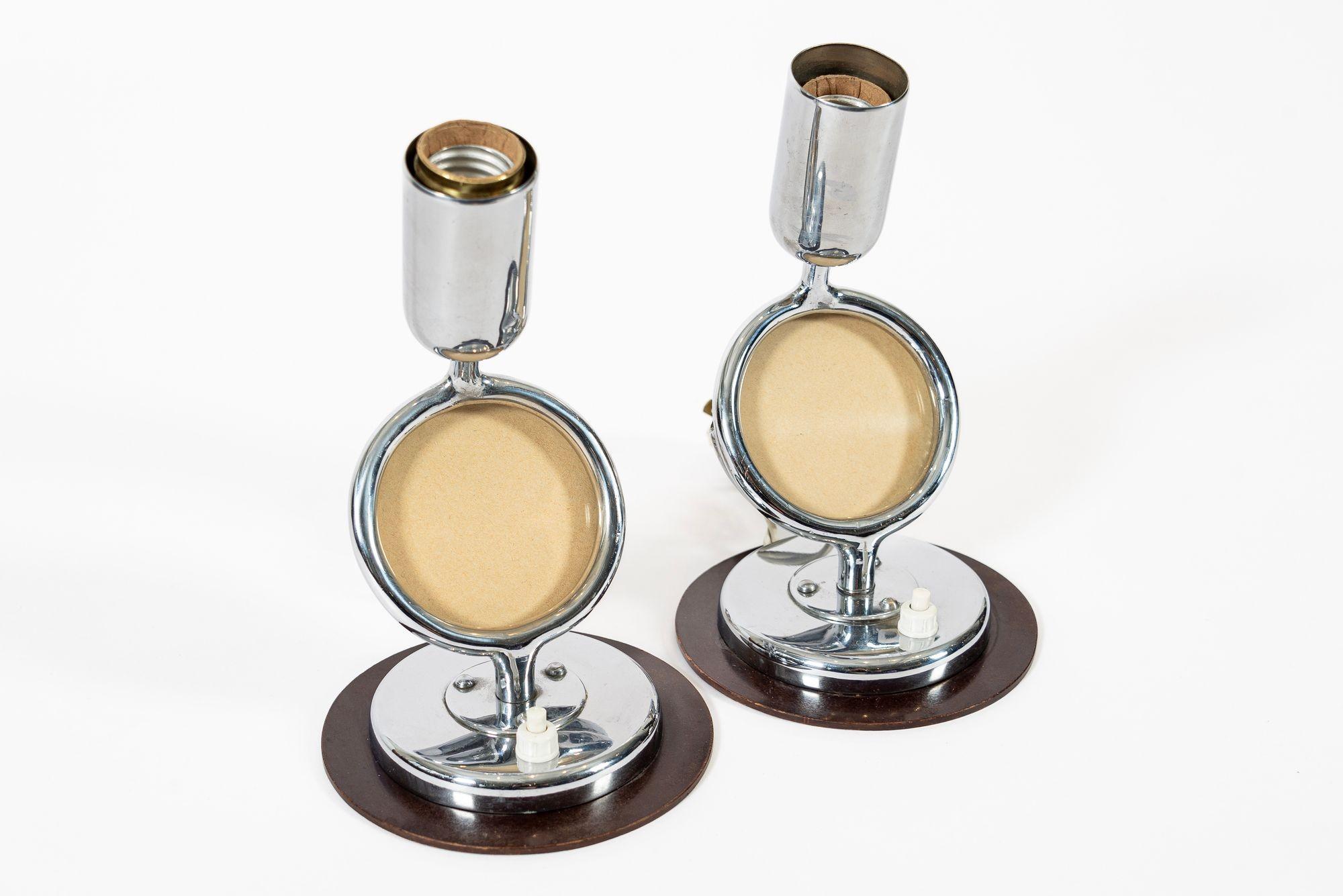 Pareja de Lámparas de Mesa Antiguas Art Decó Bauhaus con Insertos de Cristal para Fotos mediados del siglo XX en venta