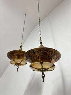 Pair Antique Art Deco Duplexalite Opaline Glass Ceiling Pendant Light Chandelier