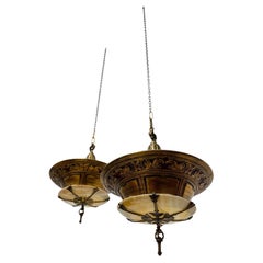Pair Antique Art Deco Duplexalite Opaline Glass Ceiling Pendant Light Chandelier