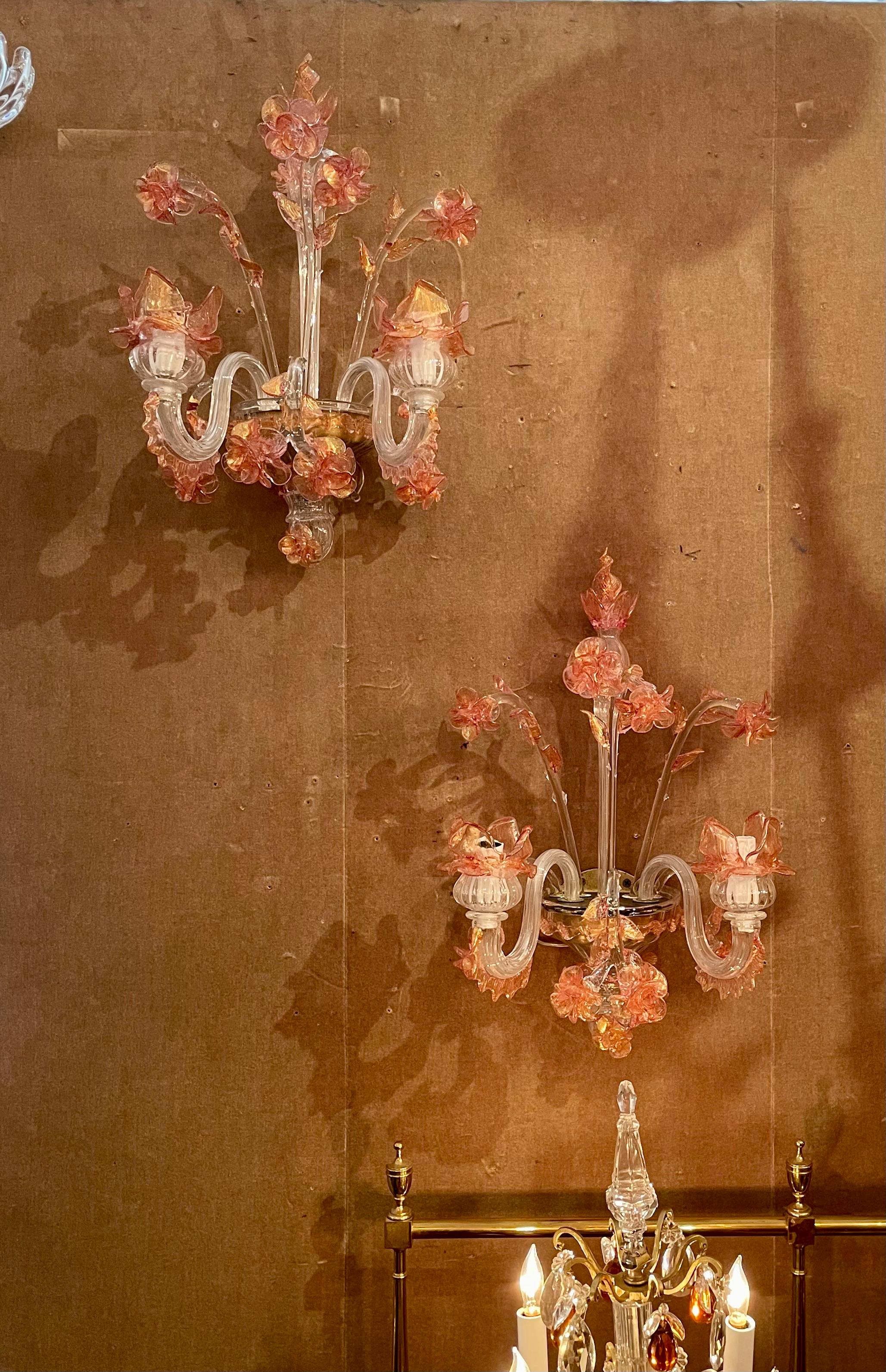 Pair Antique Art Deco Era Pink and Peach Murano Glass Wall Sconces, Circa 1920's For Sale 5
