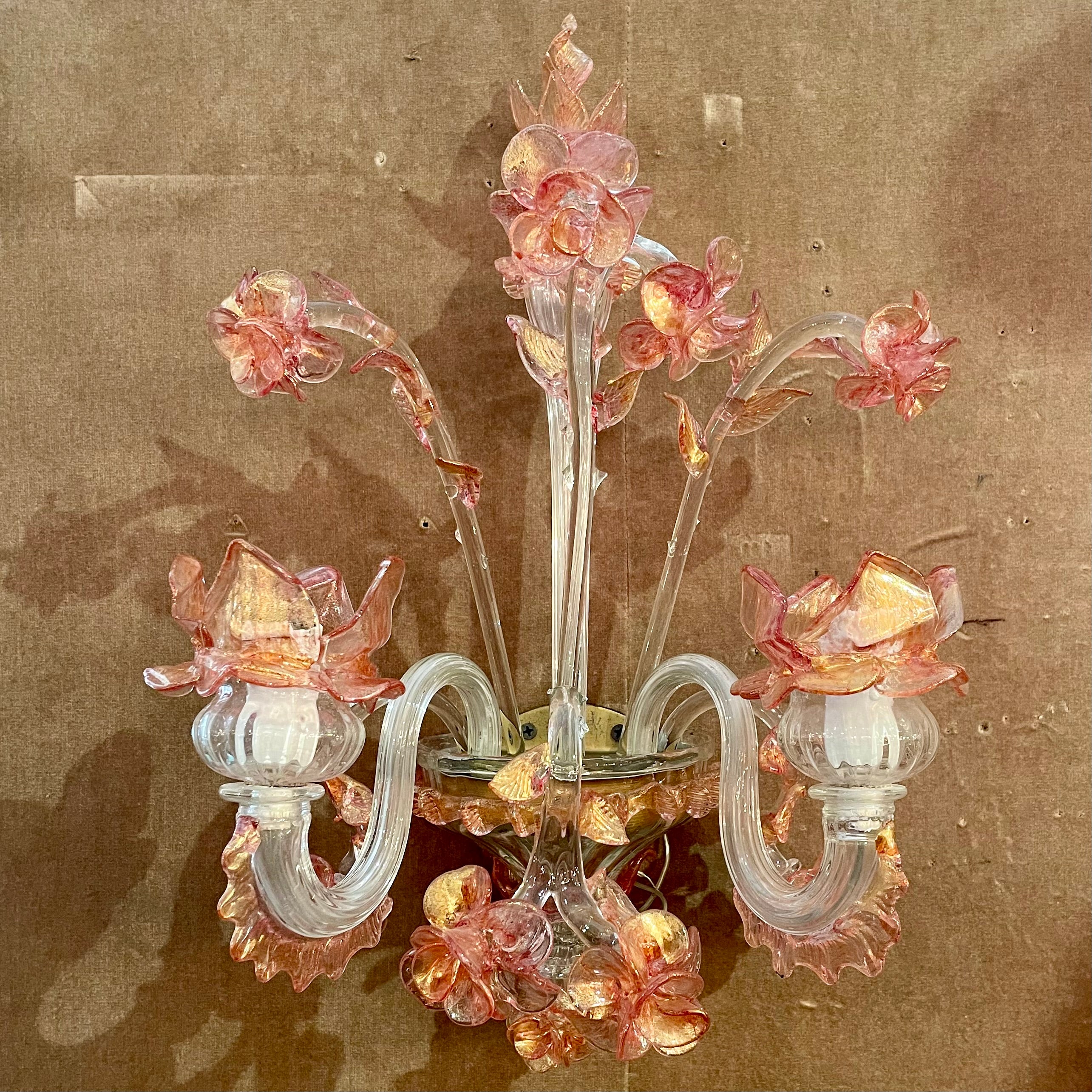 Pair Antique Art Deco Era Italian Pink and Peach Murano Glass Wall Sconces, Circa 1920's.