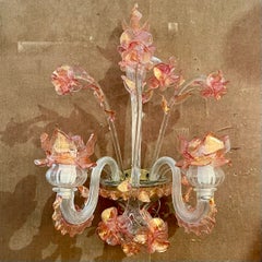 Pair Antique Art Deco Era Pink and Peach Murano Glass Wall Sconces, Circa 1920's