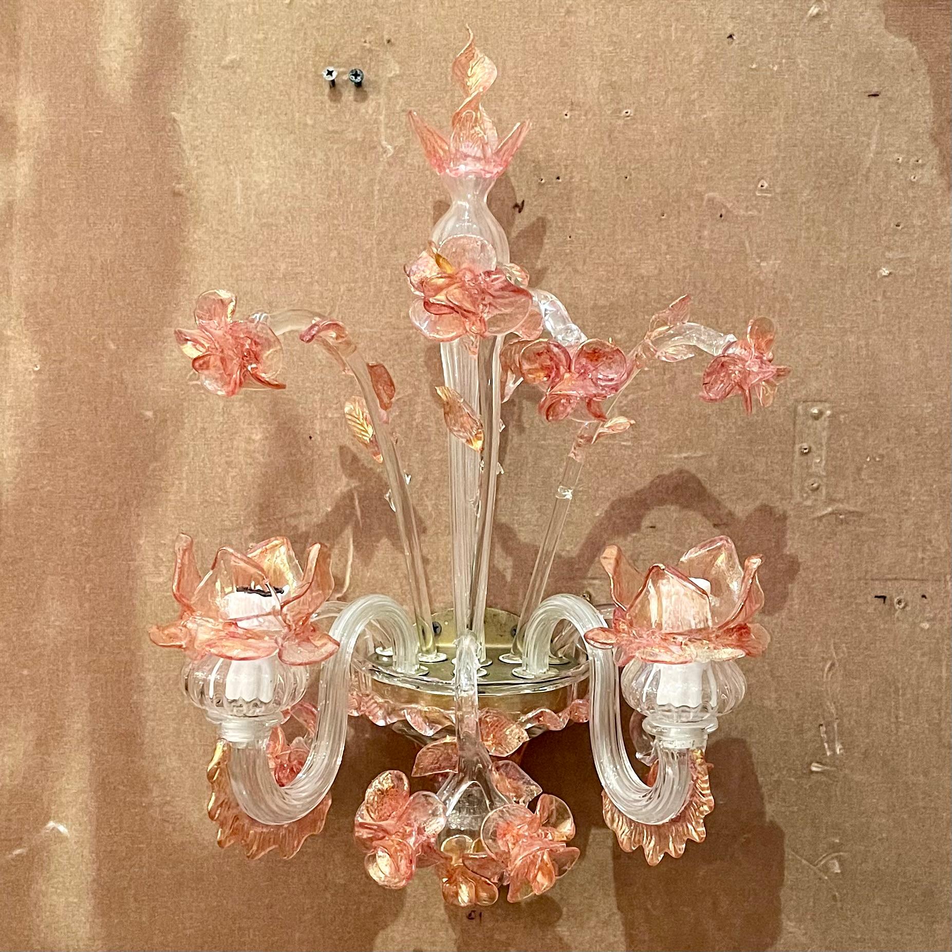 Pair Antique Art Deco Era Italian Pink and Peach Murano Glass Wall Sconces, Circa 1920's.
