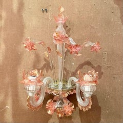 Pair Antique Art Deco Era Pink and Peach Murano Glass Wall Sconces, Circa 1920's