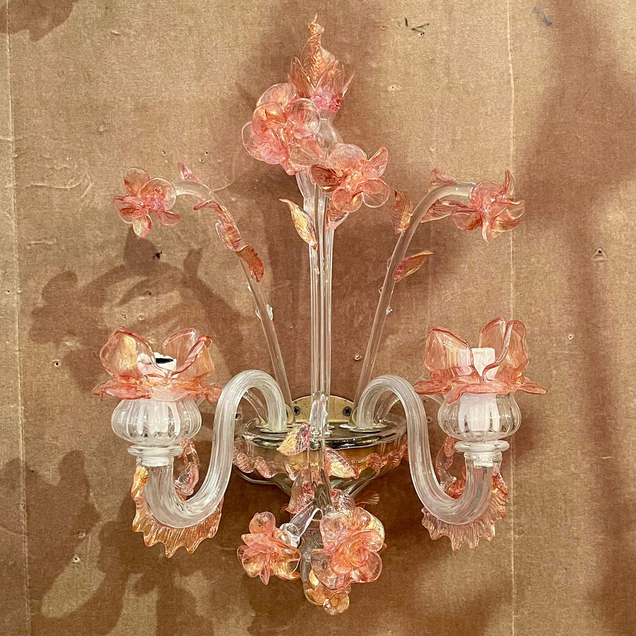 Italian Pair Antique Art Deco Era Pink and Peach Murano Glass Wall Sconces, Circa 1920's For Sale