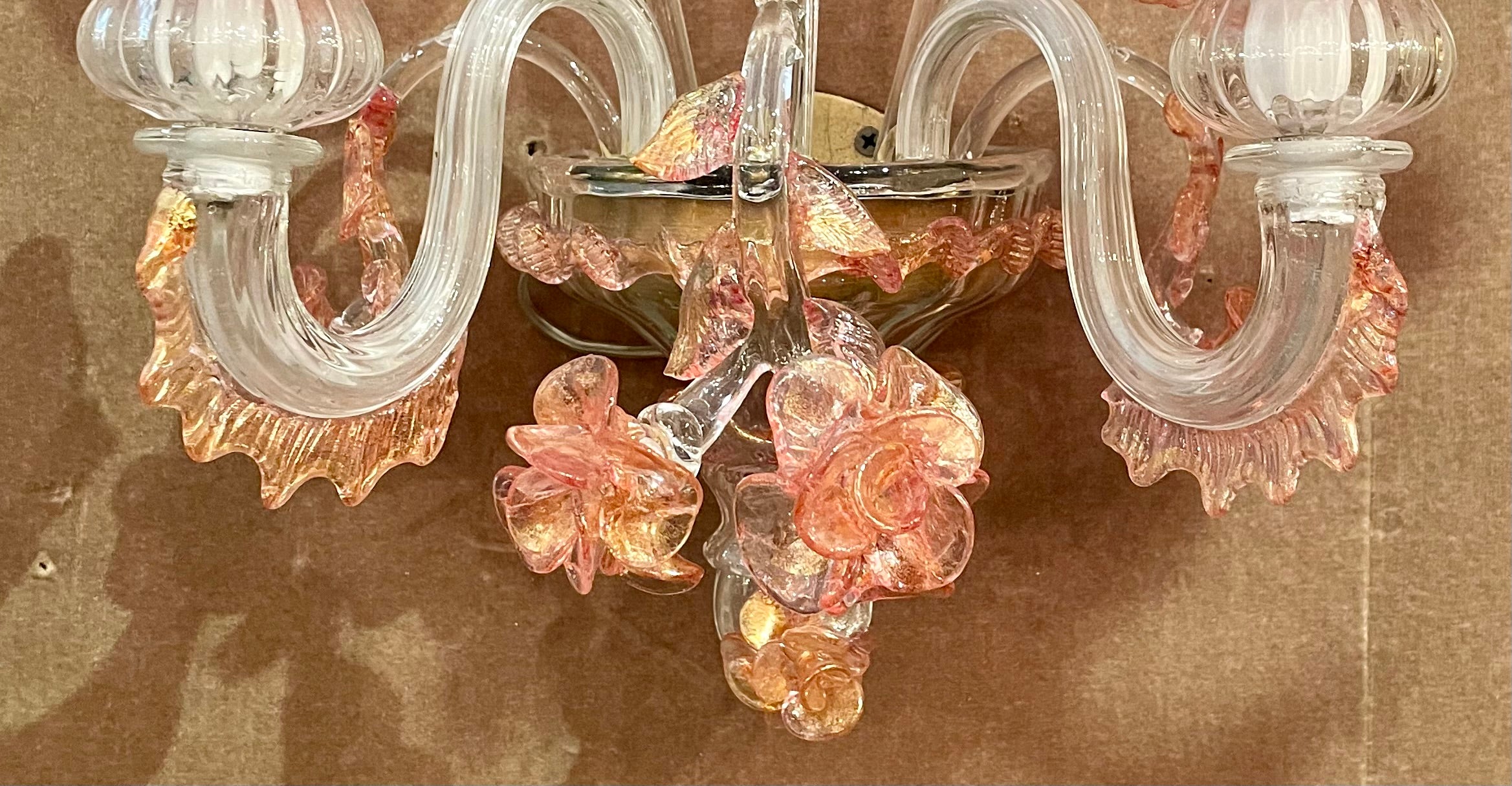 Pair Antique Art Deco Era Pink and Peach Murano Glass Wall Sconces, Circa 1920's In Good Condition For Sale In New Orleans, LA