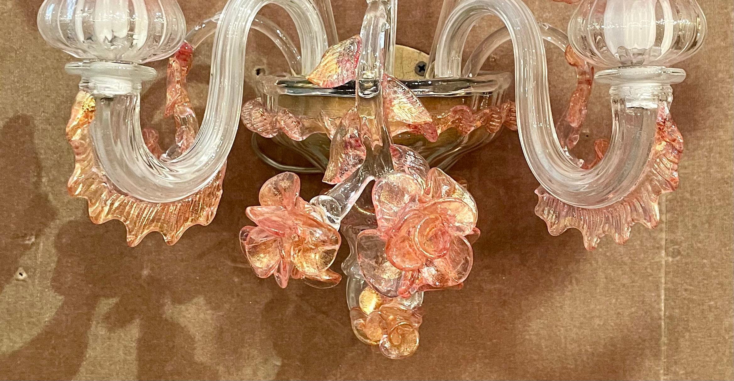 Pair Antique Art Deco Era Pink and Peach Murano Glass Wall Sconces, Circa 1920's In Good Condition For Sale In New Orleans, LA