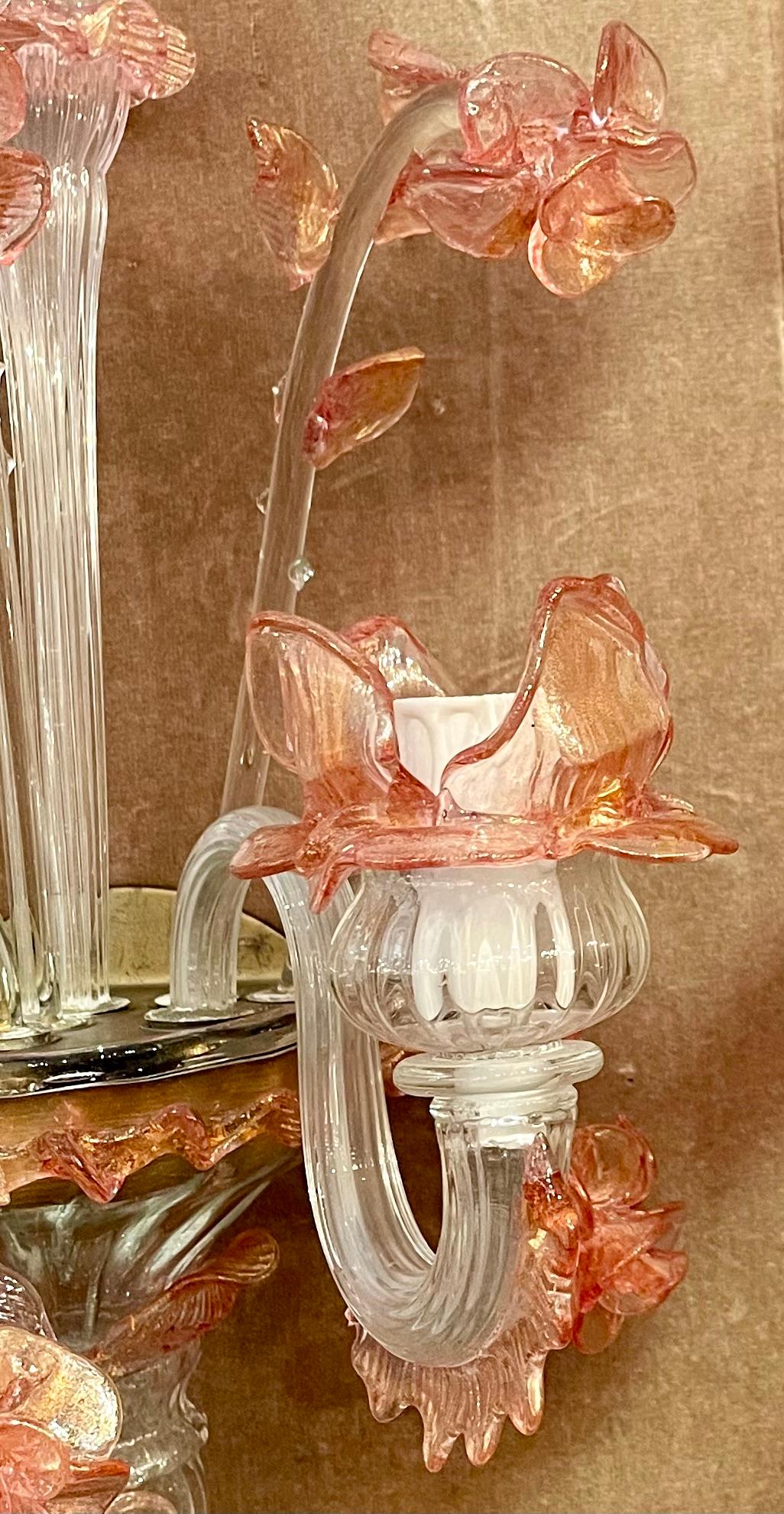 20th Century Pair Antique Art Deco Era Pink and Peach Murano Glass Wall Sconces, Circa 1920's For Sale