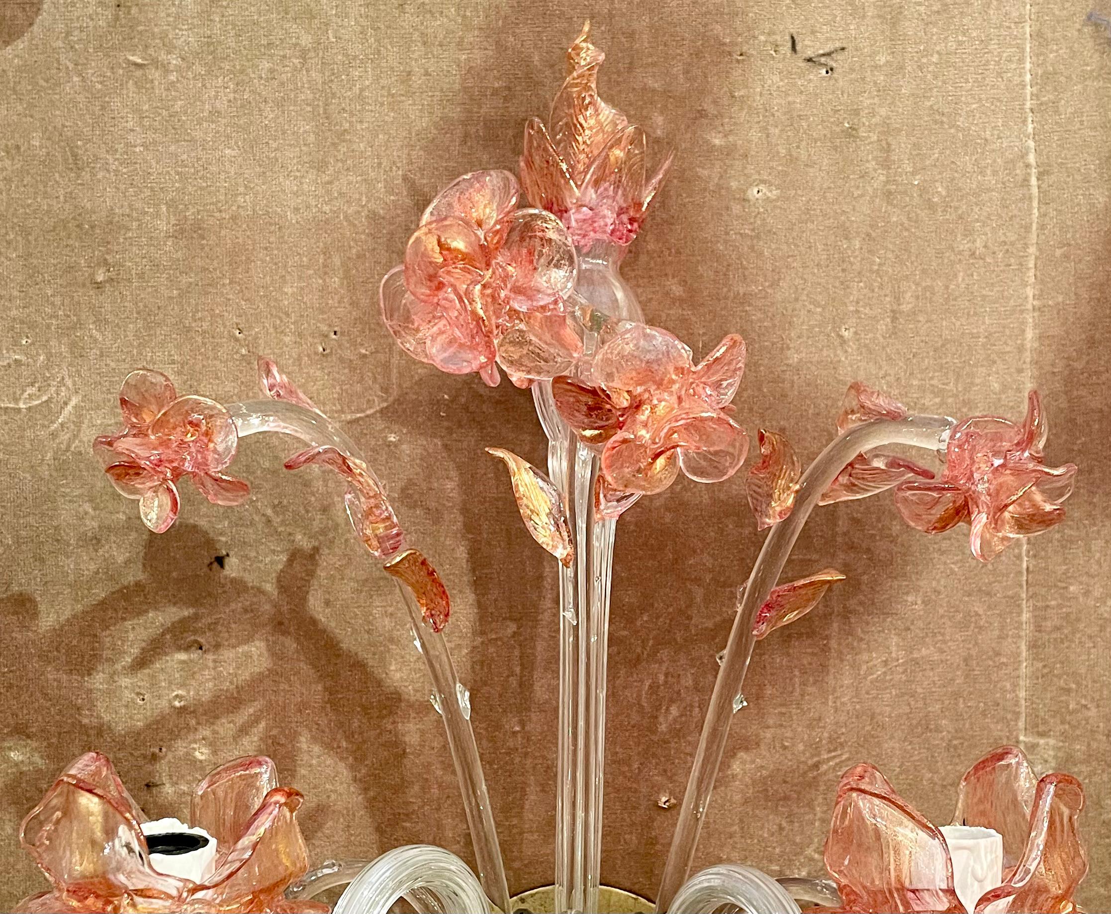 Pair Antique Art Deco Era Pink and Peach Murano Glass Wall Sconces, Circa 1920's For Sale 1