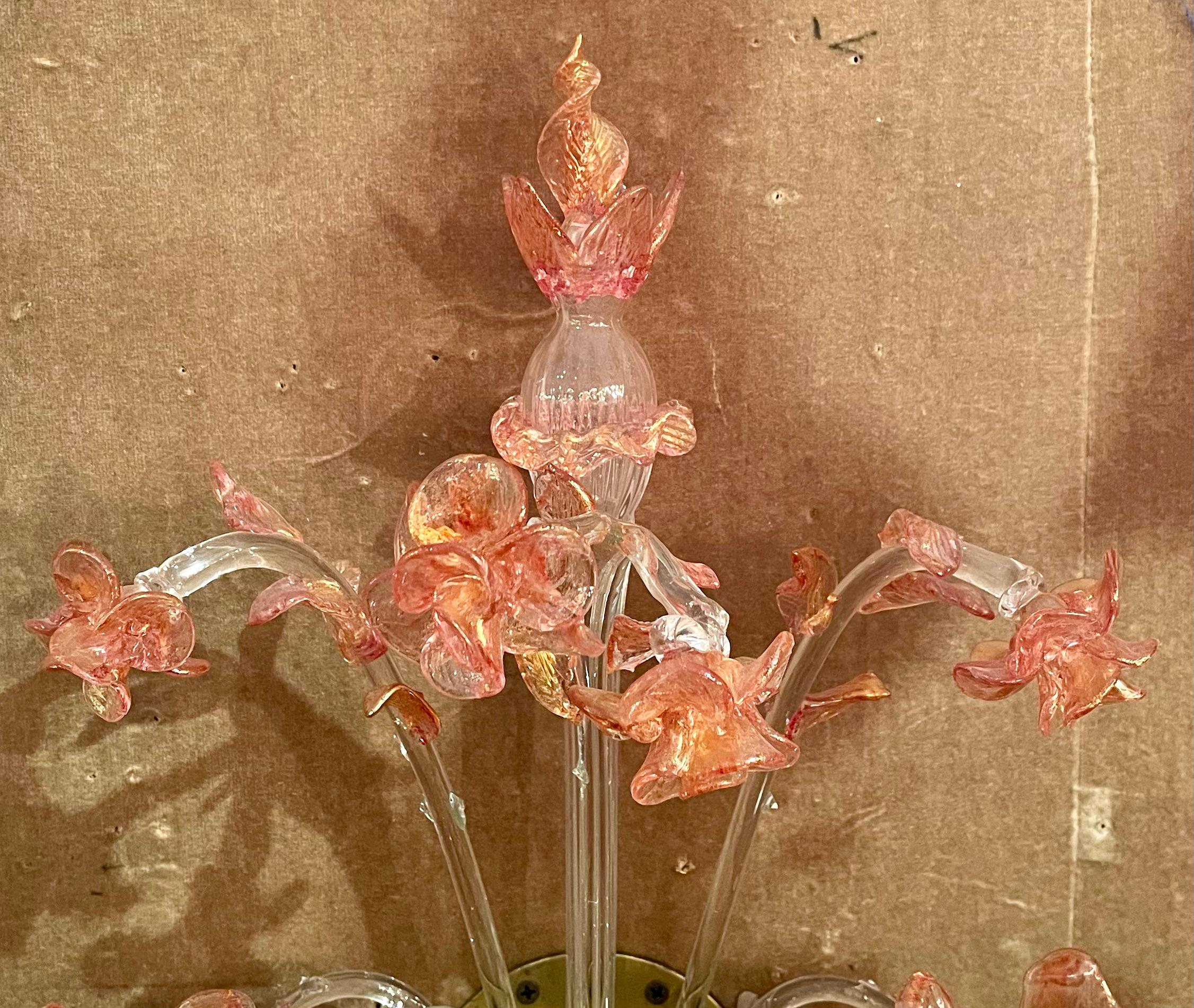 Pair Antique Art Deco Era Pink and Peach Murano Glass Wall Sconces, Circa 1920's For Sale 2