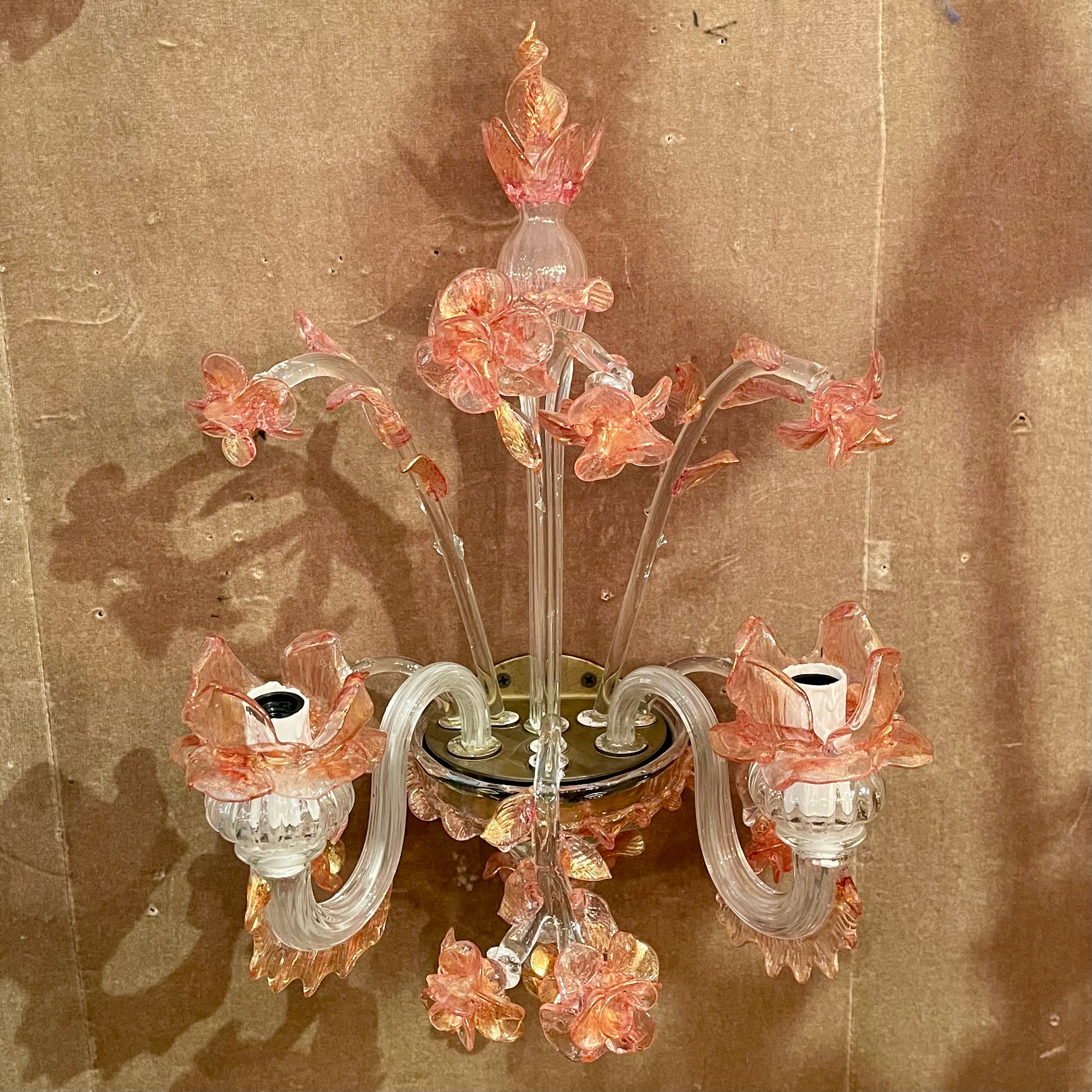 Pair Antique Art Deco Era Pink and Peach Murano Glass Wall Sconces, Circa 1920's For Sale 3