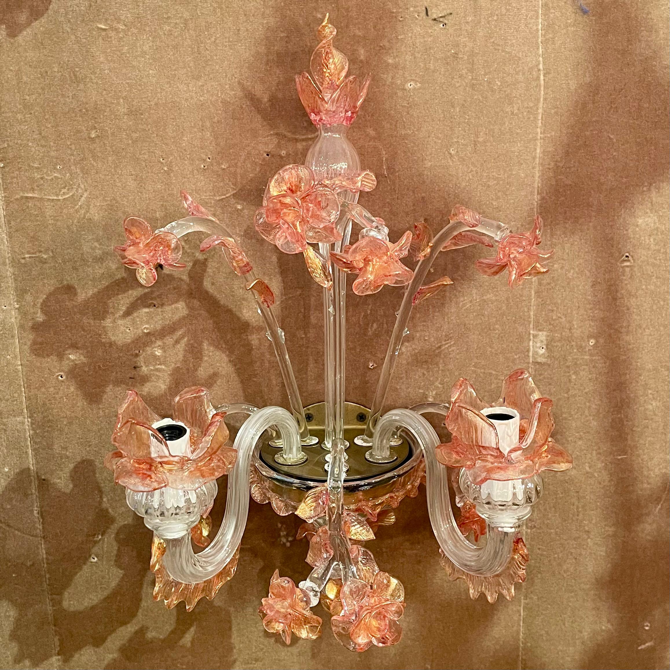 Pair Antique Art Deco Era Pink and Peach Murano Glass Wall Sconces, Circa 1920's For Sale 3