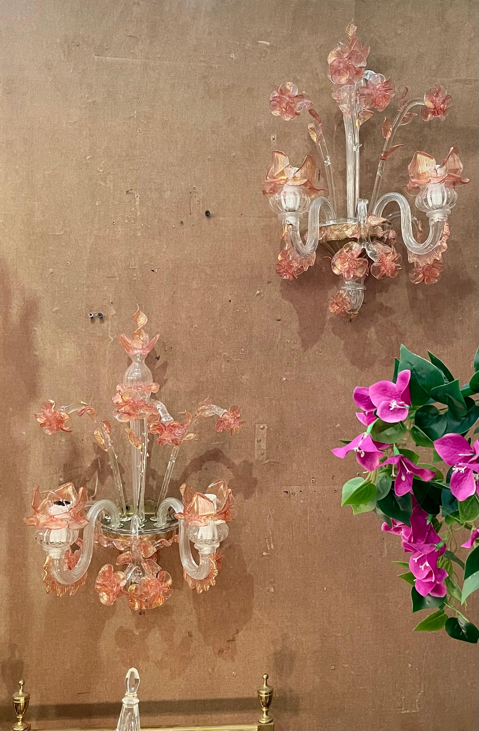 Pair Antique Art Deco Era Pink and Peach Murano Glass Wall Sconces, Circa 1920's For Sale 4
