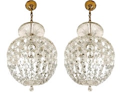 Pair Antique Art Deco French Pendant Baccarat Style Crystal Basket Chandeliers