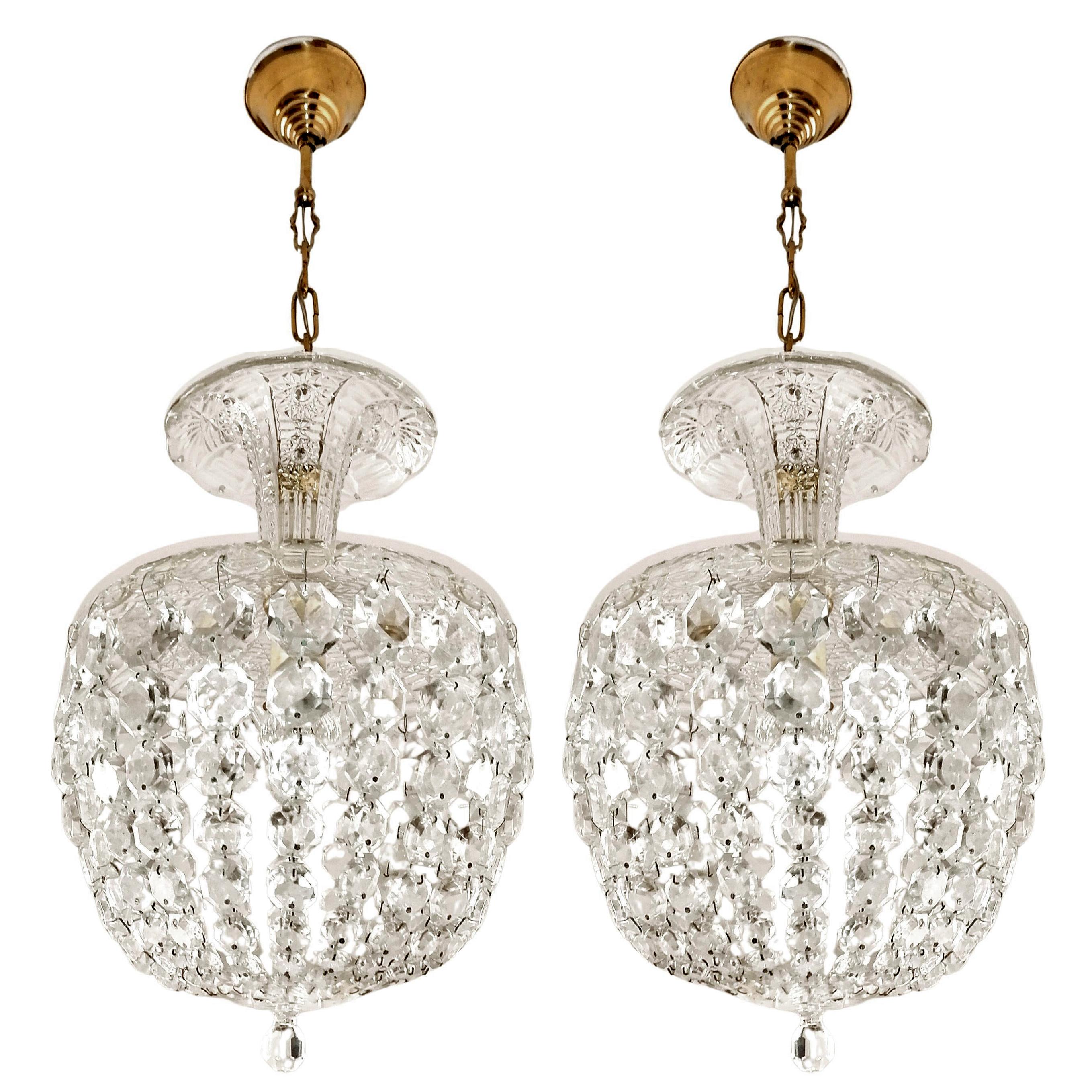 Hollywood Regency Pair Antique Art Deco French Pendant Baccarat Style Crystal Basket Chandeliers For Sale