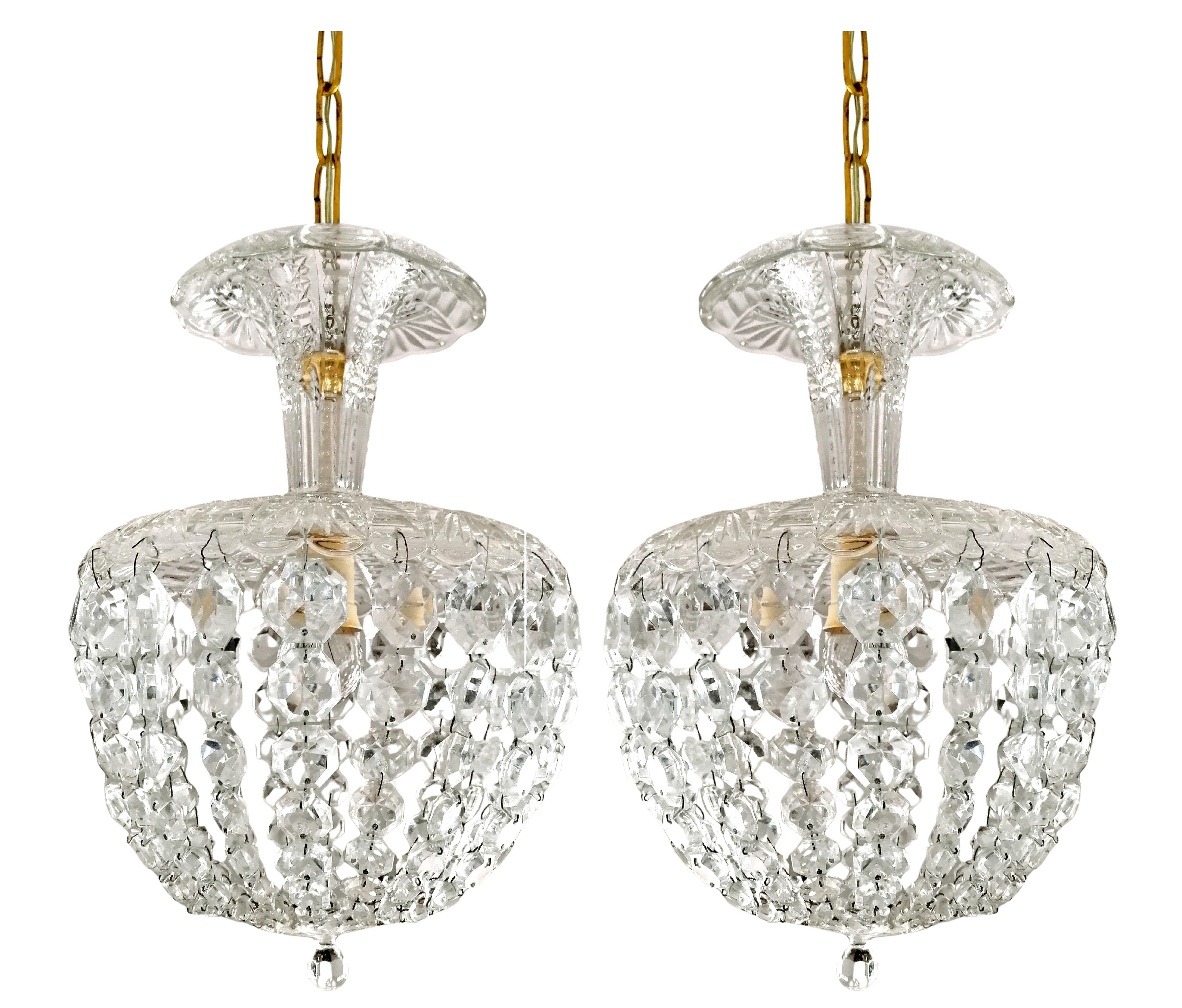 Gilt Pair Antique Art Deco French Pendant Baccarat Style Crystal Basket Chandeliers For Sale