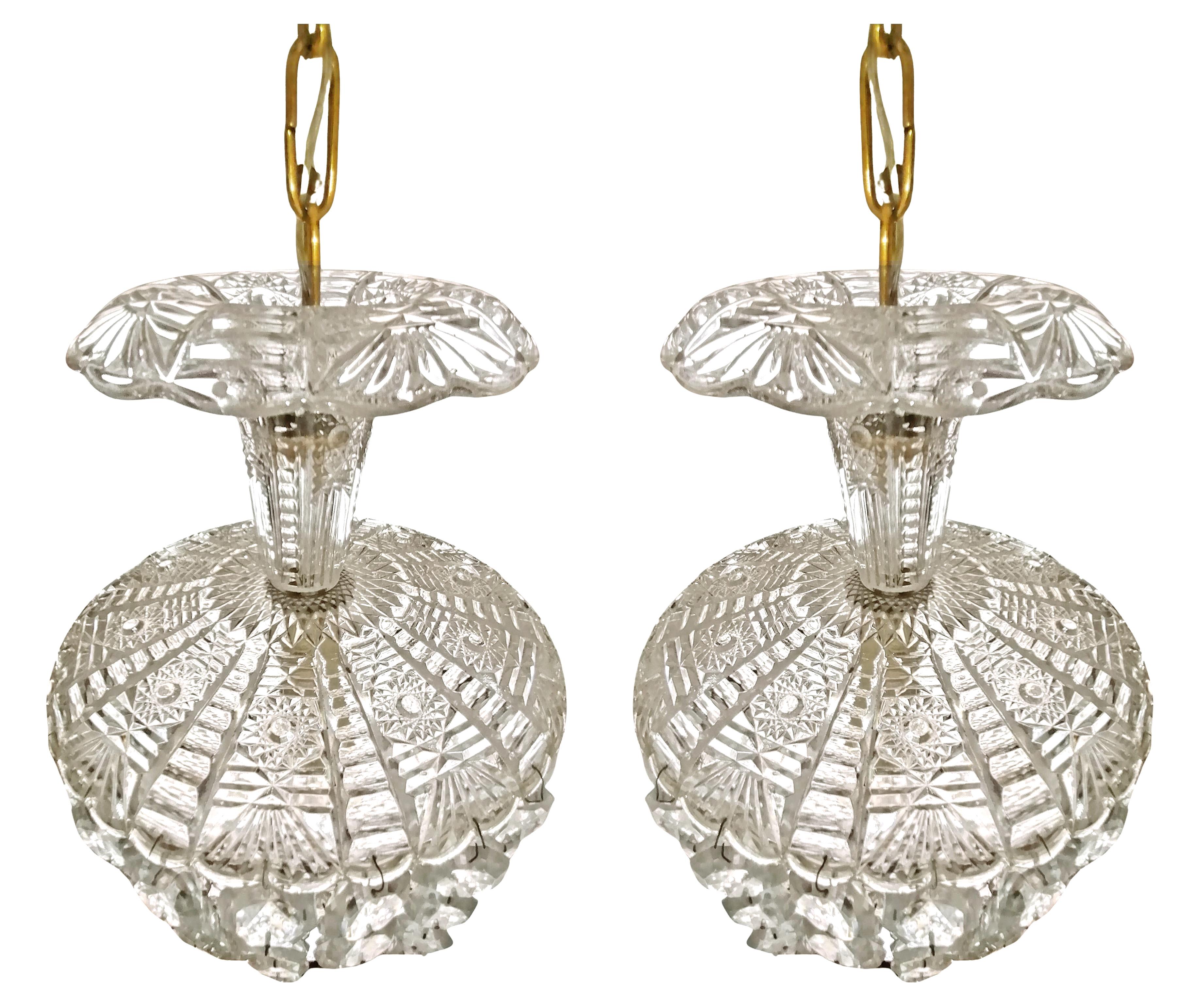 20th Century Pair Antique Art Deco French Pendant Baccarat Style Crystal Basket Chandeliers For Sale