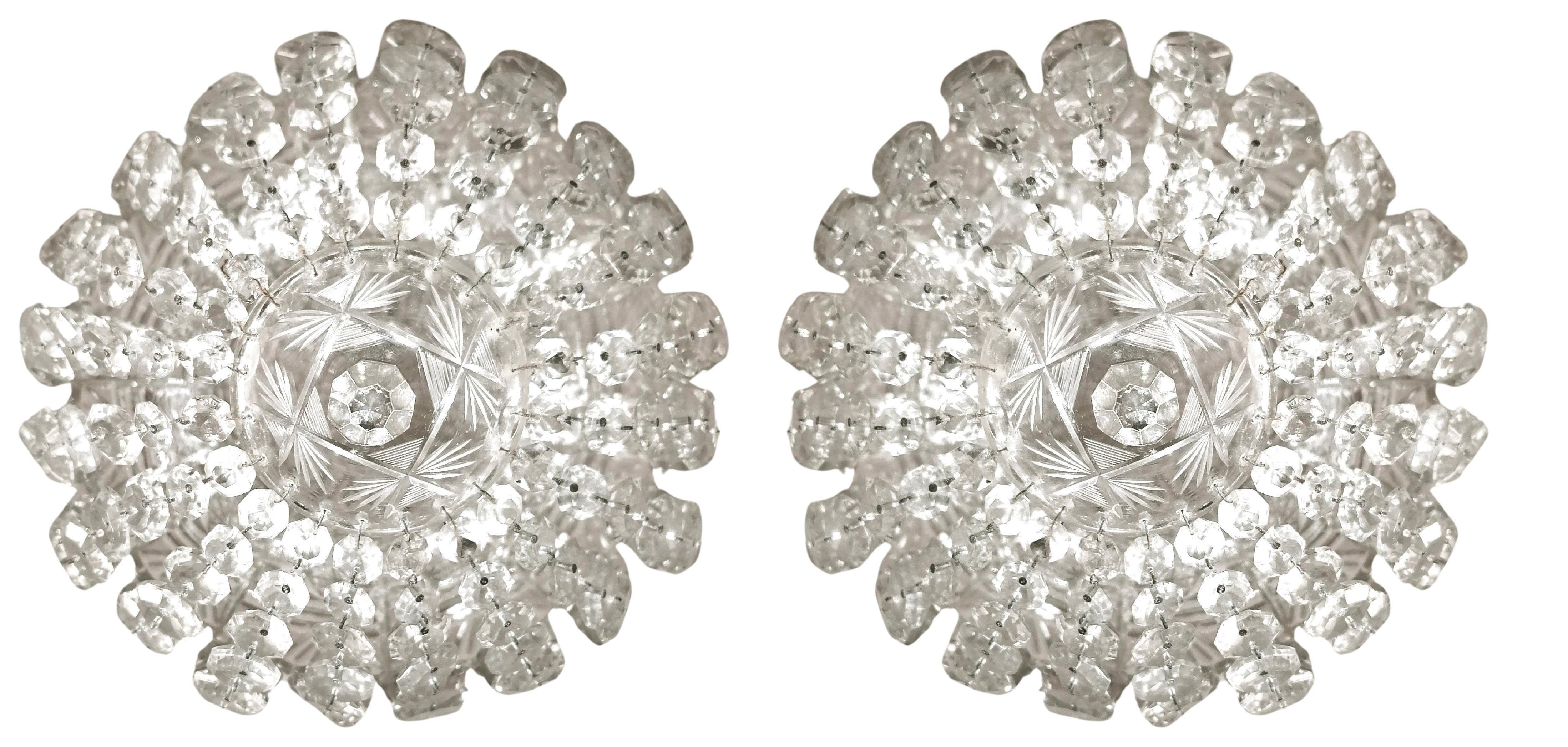 Pair Antique Art Deco French Pendant Baccarat Style Crystal Basket Chandeliers For Sale 1