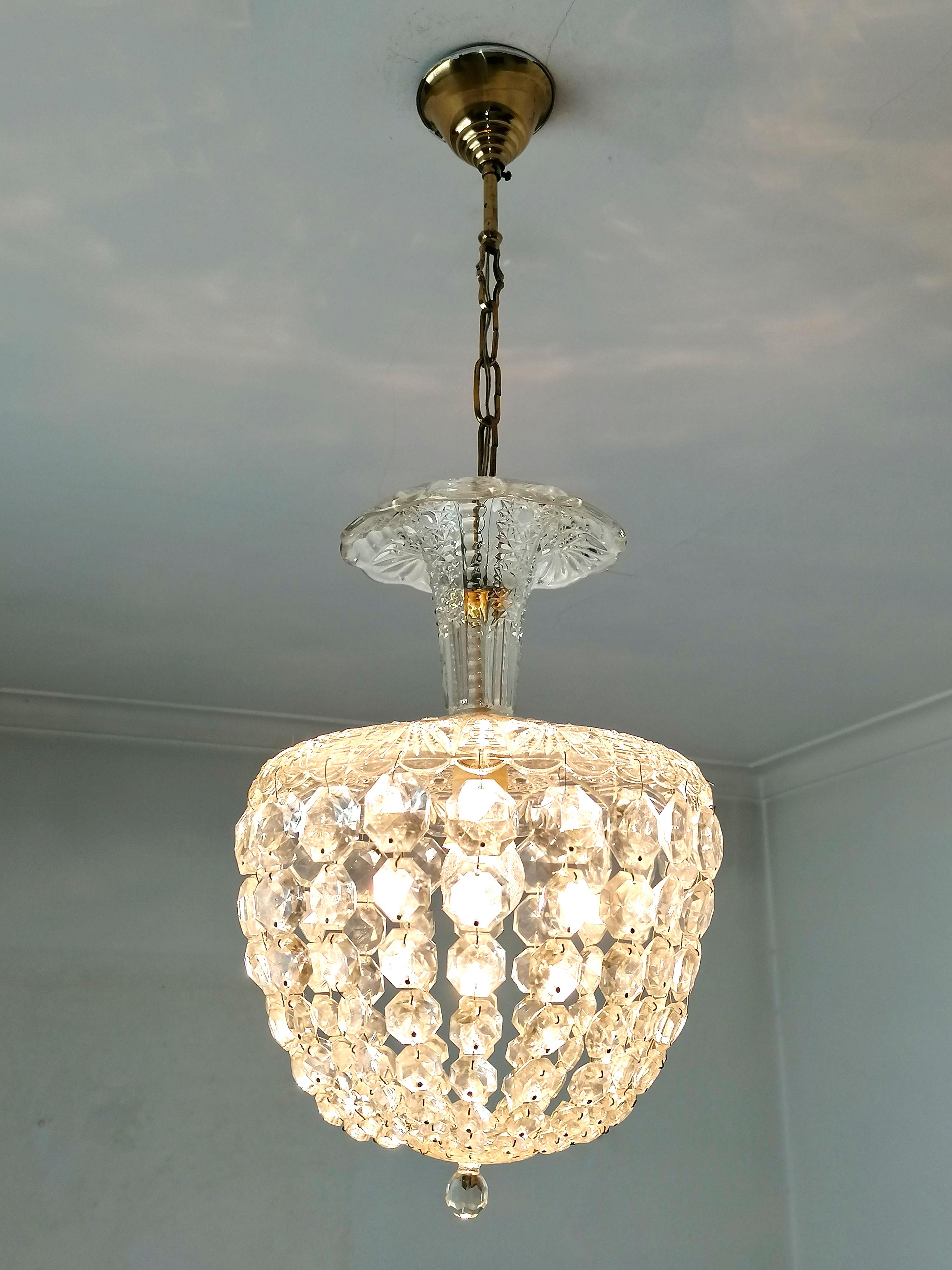 Pair Antique Art Deco French Pendant Baccarat Style Crystal Basket Chandeliers For Sale 2