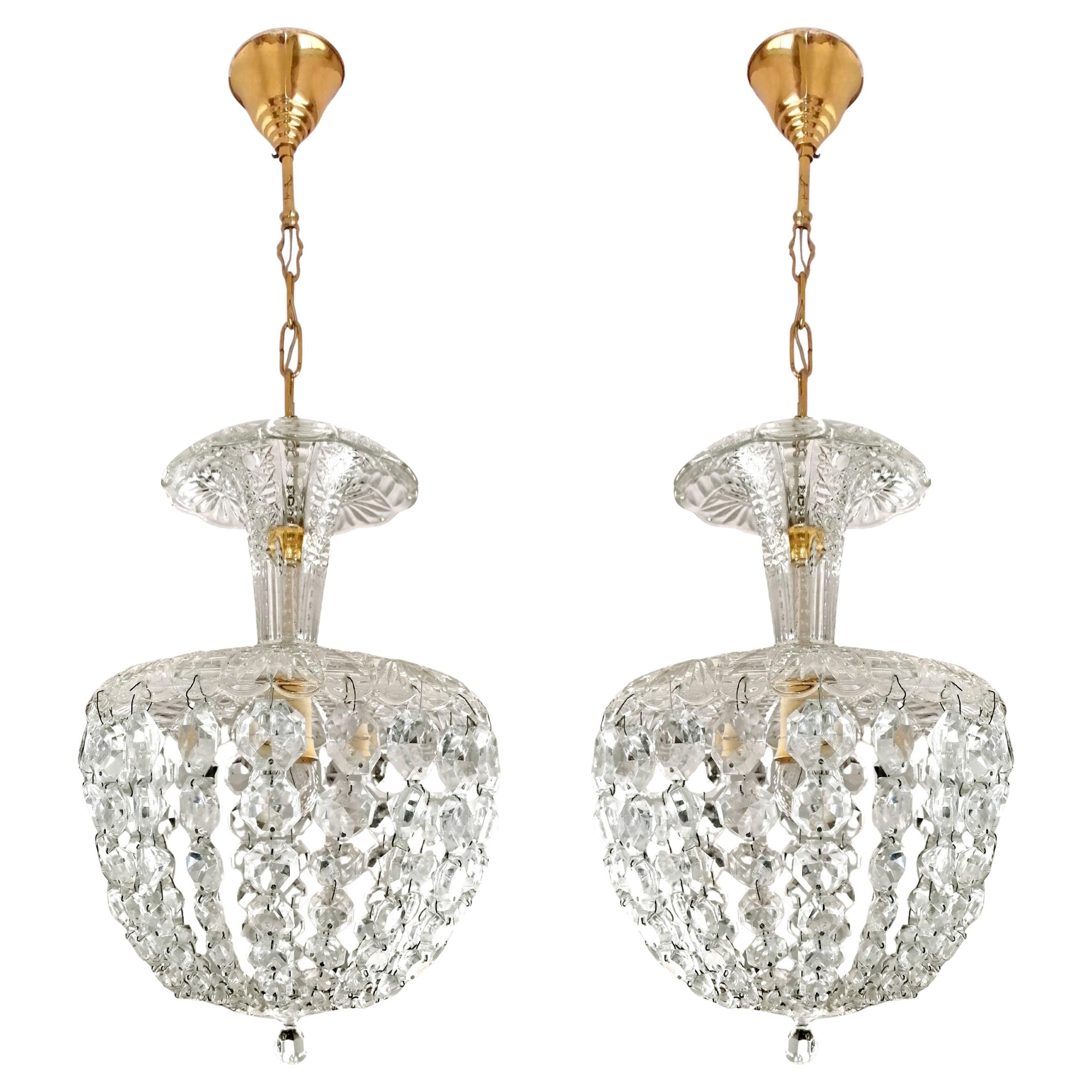Pair Antique Art Deco French Pendant Baccarat Style Crystal Basket Chandeliers