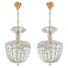 Pair Antique Art Deco French Pendant Baccarat Style Crystal Basket Chandeliers