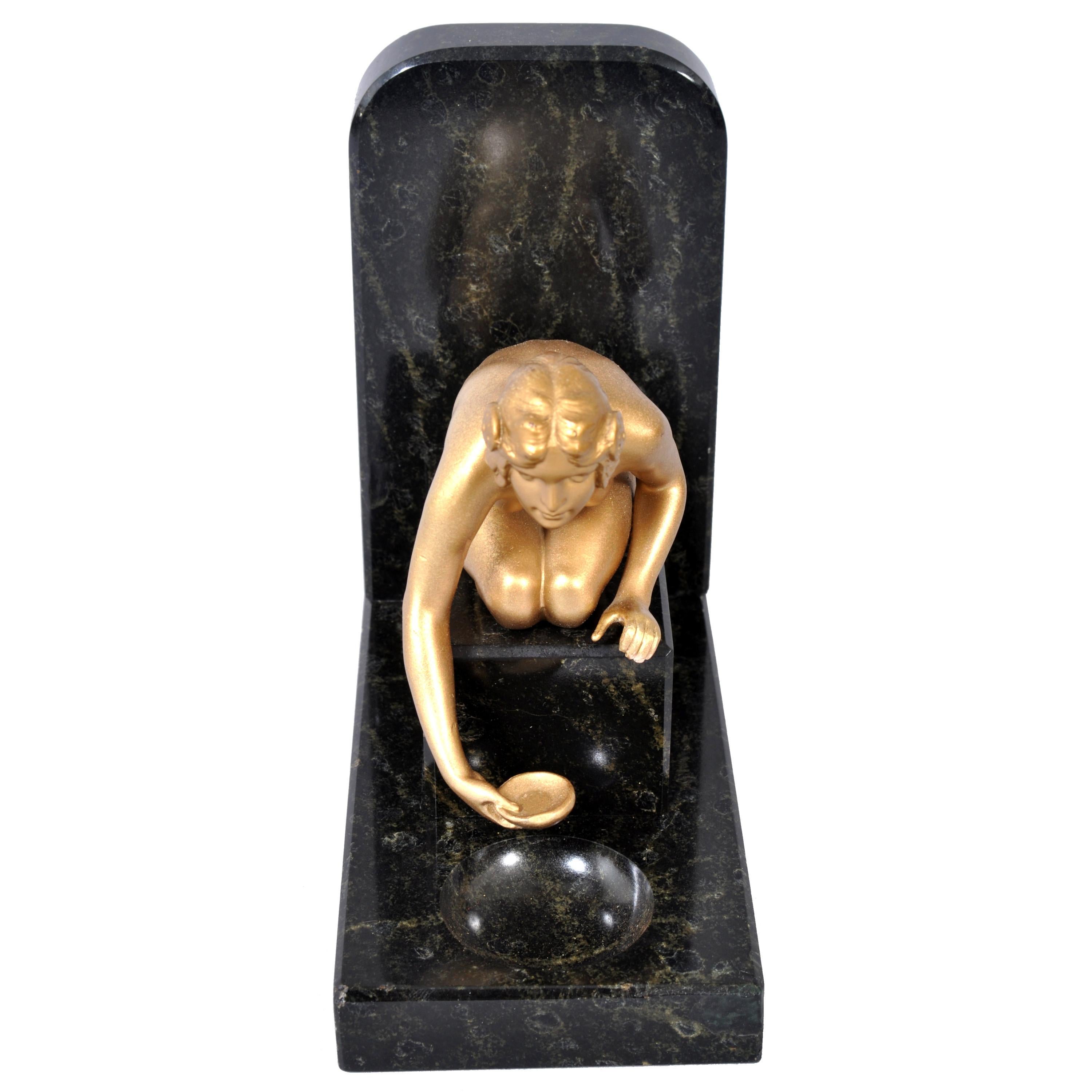 Pair of Art Deco Gilded Bronze and Marble Female Nude Statue Bookends, 1920s 4