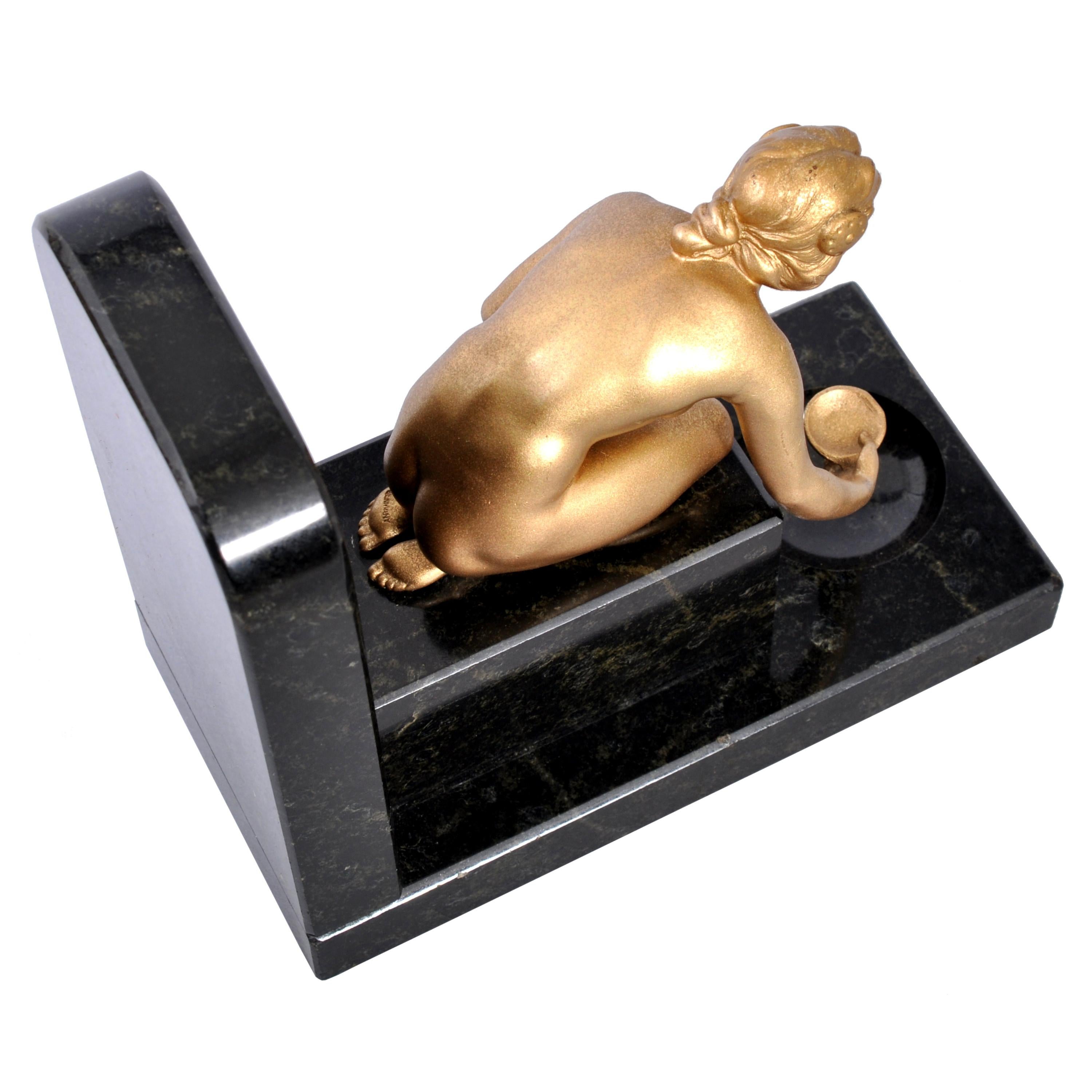 Pair of Art Deco Gilded Bronze and Marble Female Nude Statue Bookends, 1920s 4