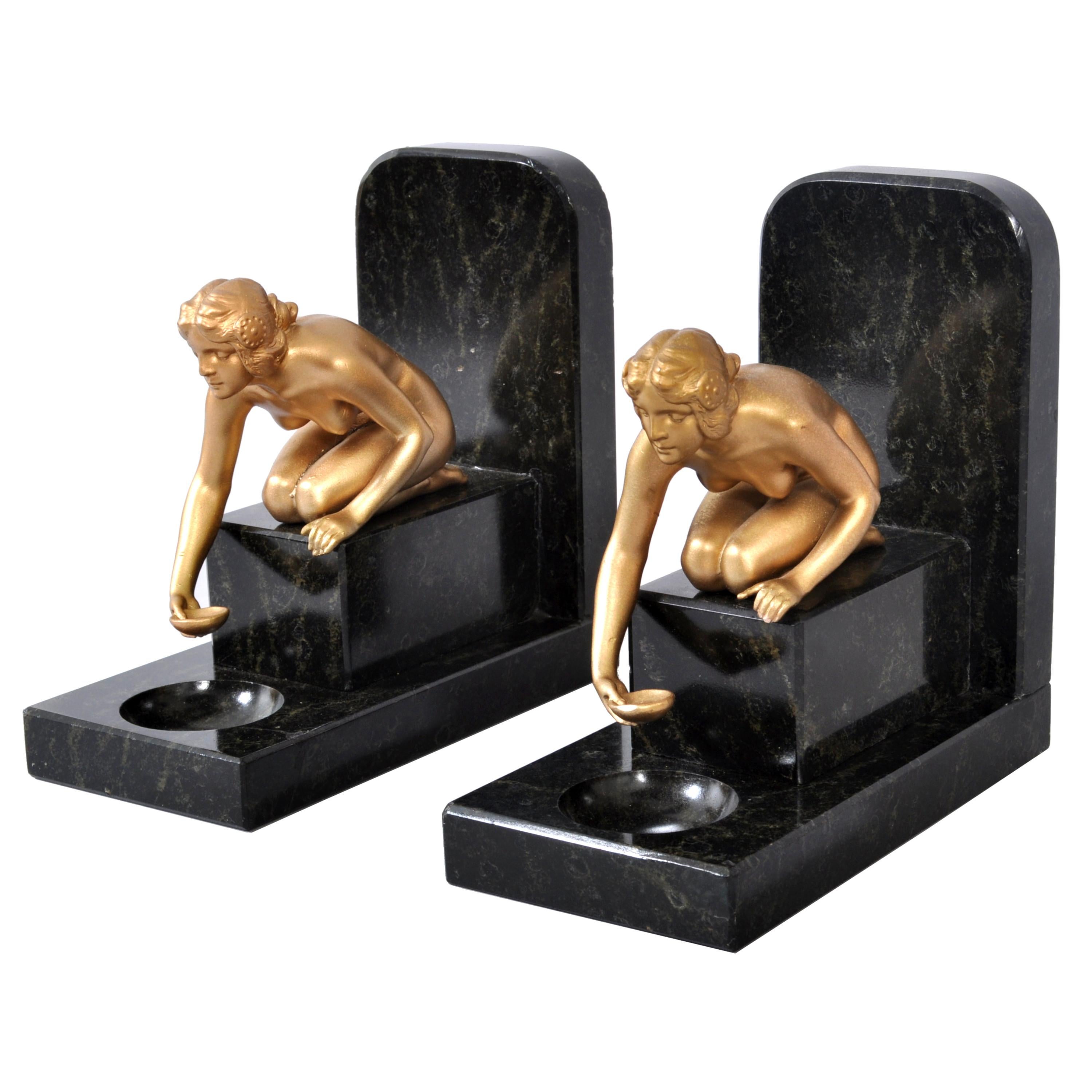 German Pair of Art Deco Gilded Bronze and Marble Female Nude Statue Bookends, 1920s