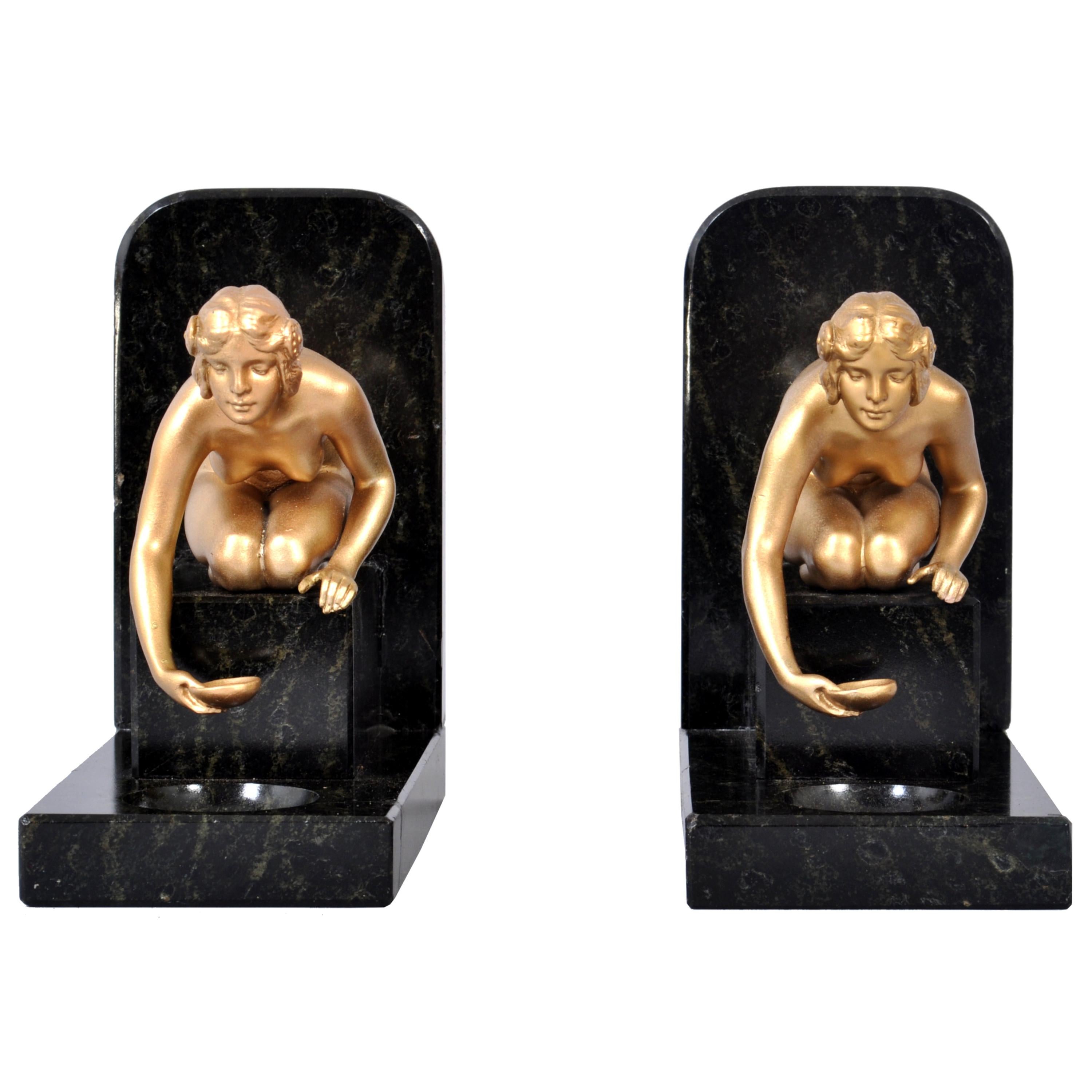 Gilt Pair of Art Deco Gilded Bronze and Marble Female Nude Statue Bookends, 1920s