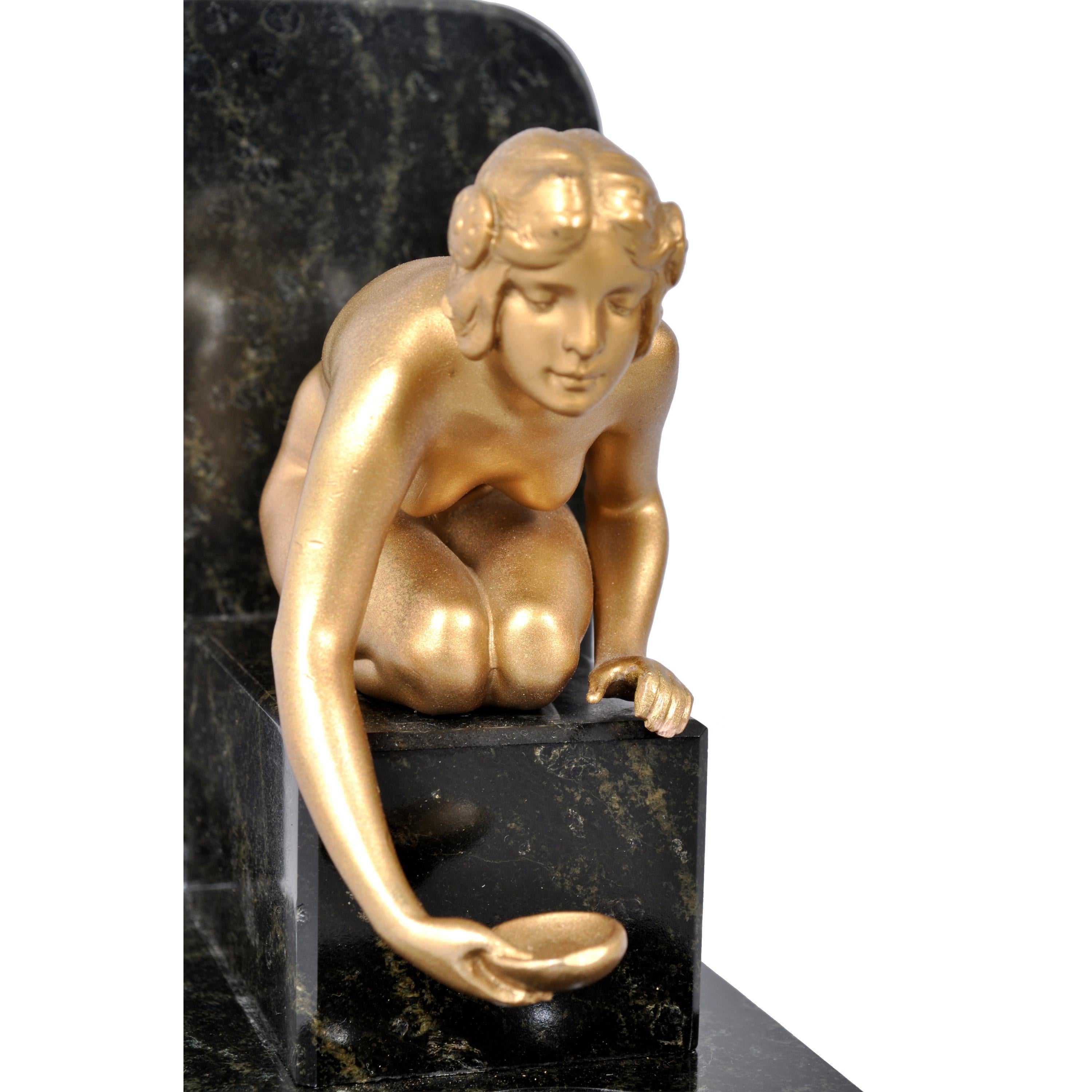 Pair of Art Deco Gilded Bronze and Marble Female Nude Statue Bookends, 1920s In Good Condition In Portland, OR