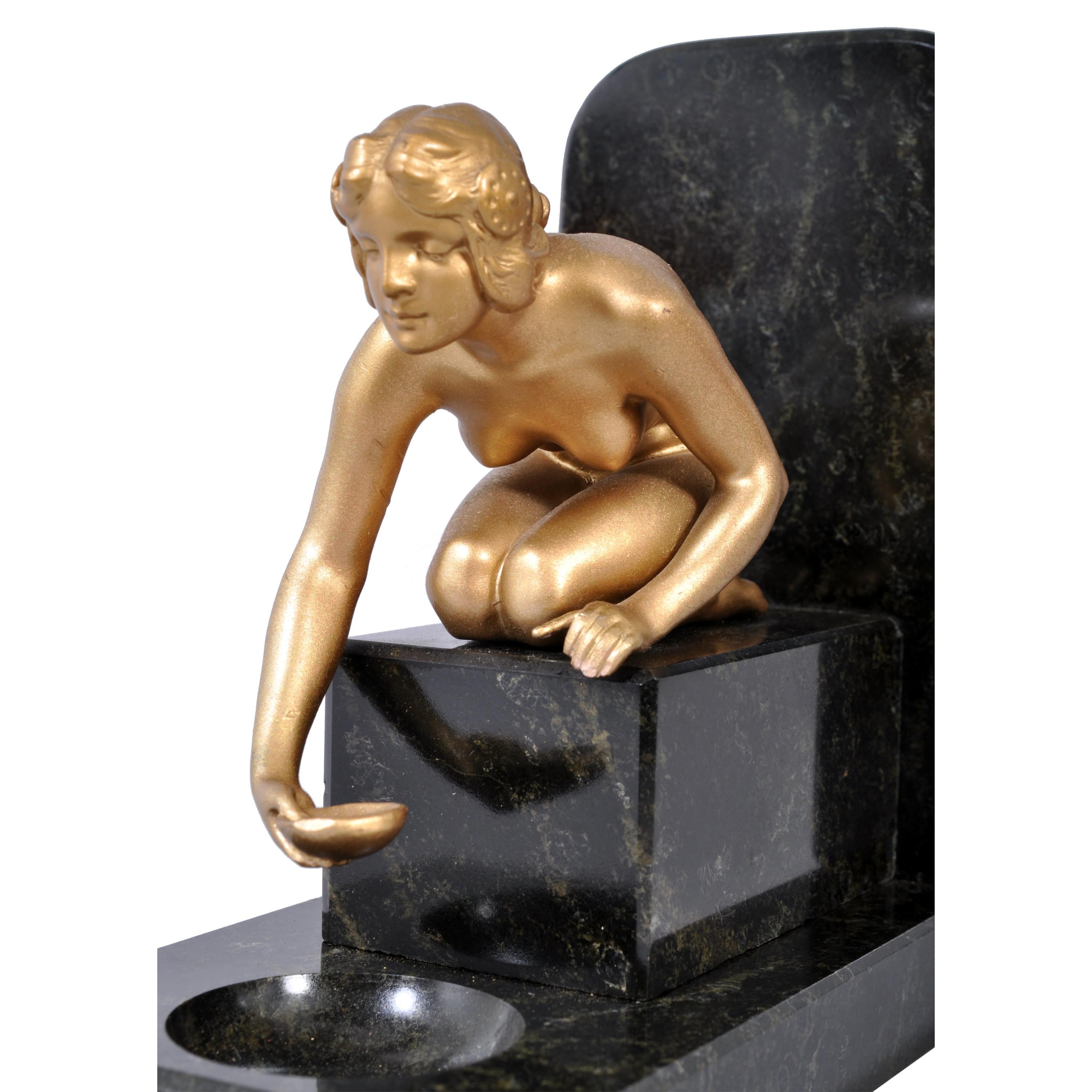 Early 20th Century Pair of Art Deco Gilded Bronze and Marble Female Nude Statue Bookends, 1920s
