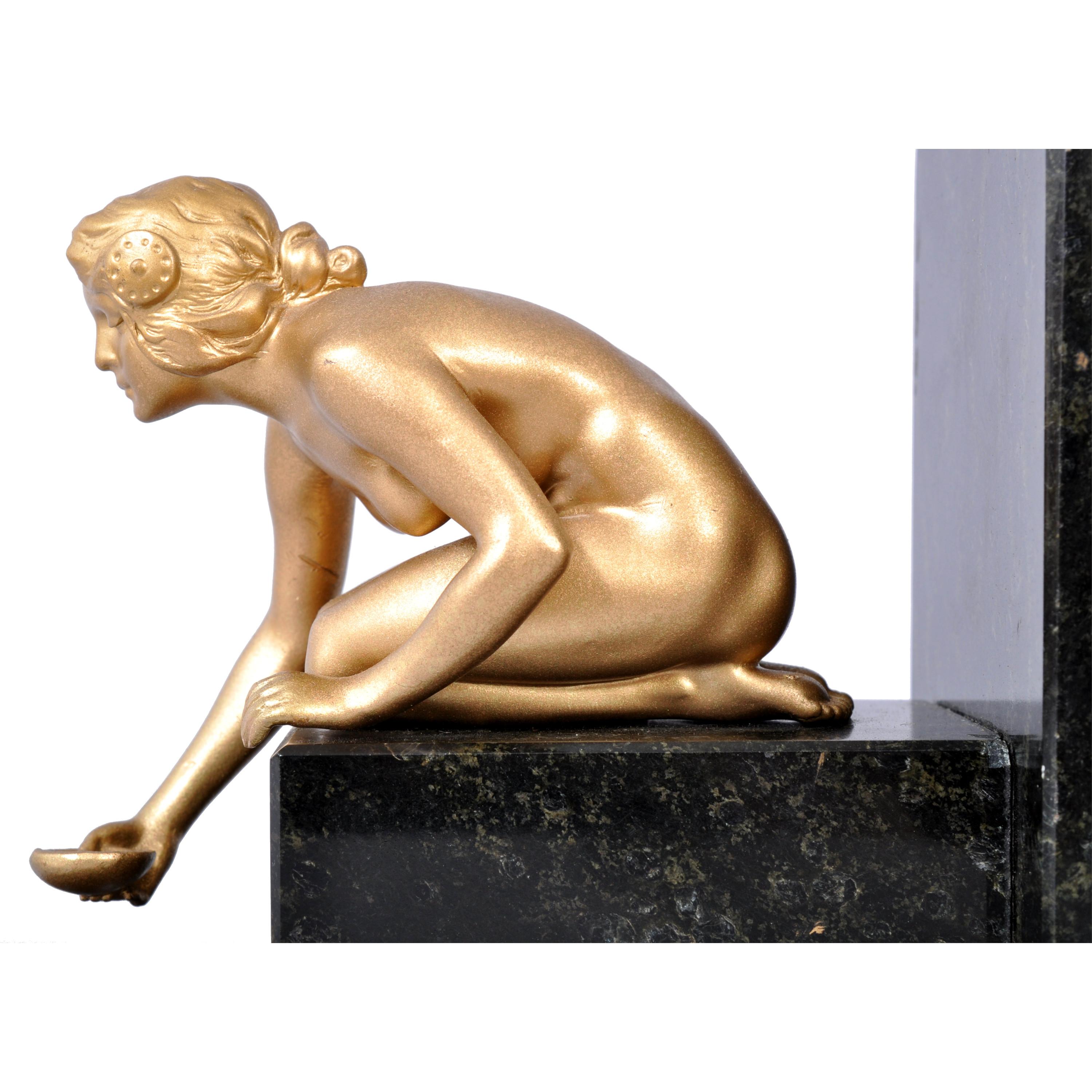 Pair of Art Deco Gilded Bronze and Marble Female Nude Statue Bookends, 1920s 1