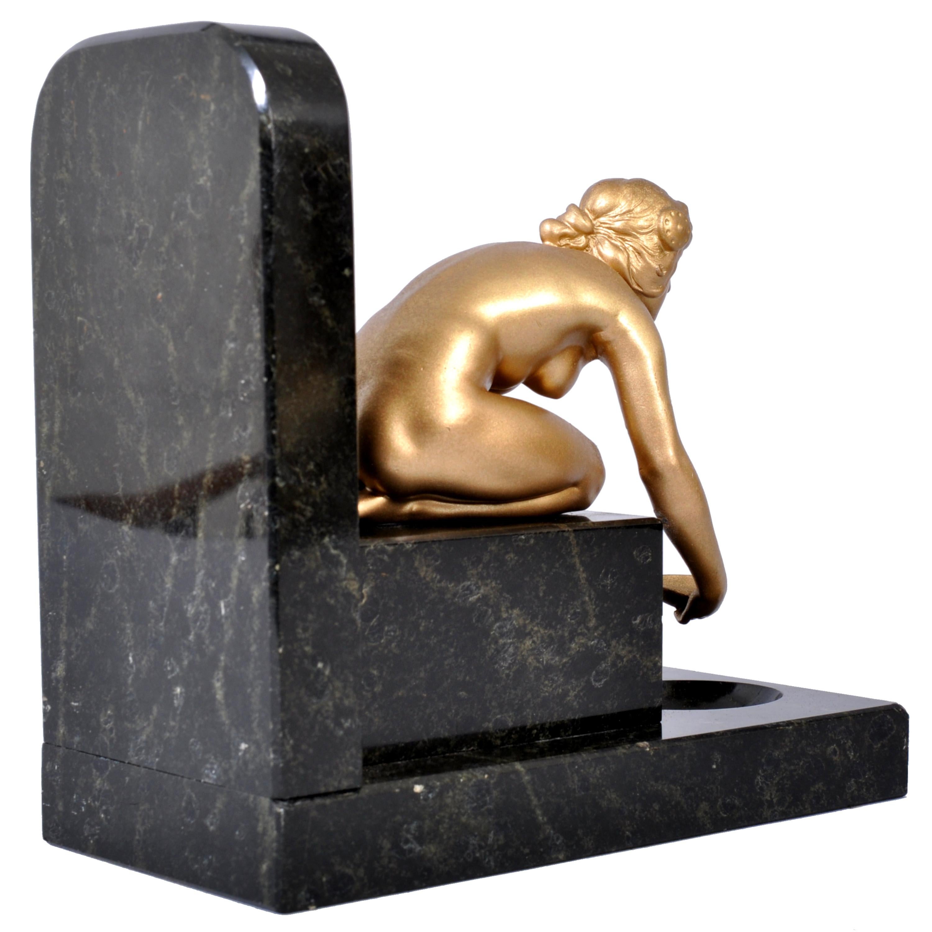 Pair of Art Deco Gilded Bronze and Marble Female Nude Statue Bookends, 1920s 1