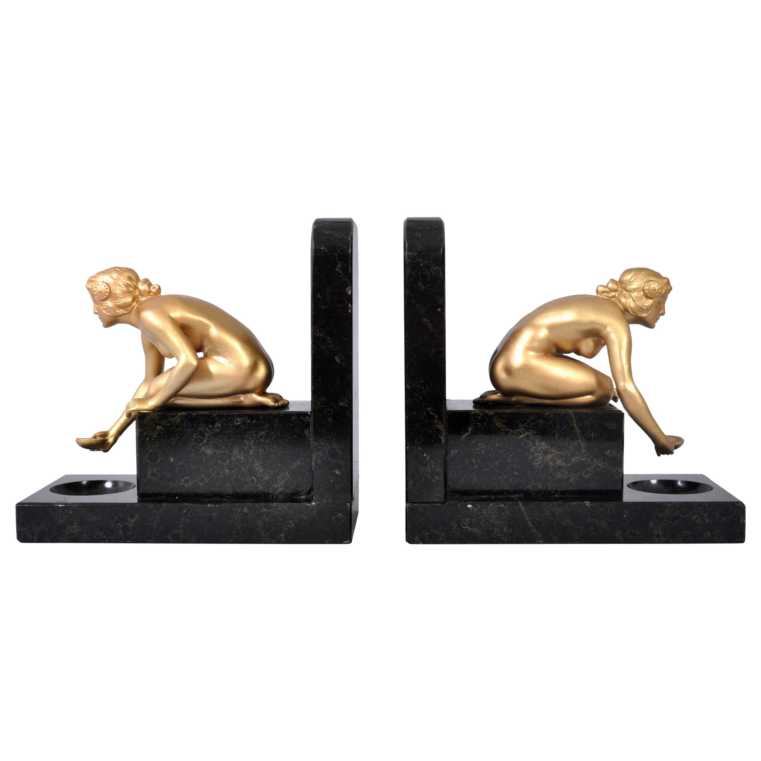 Pair of Art Deco Gilded Bronze and Marble Female Nude Statue Bookends, 1920s