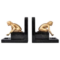 Antique Pair of Art Deco Gilded Bronze and Marble Female Nude Statue Bookends, 1920s