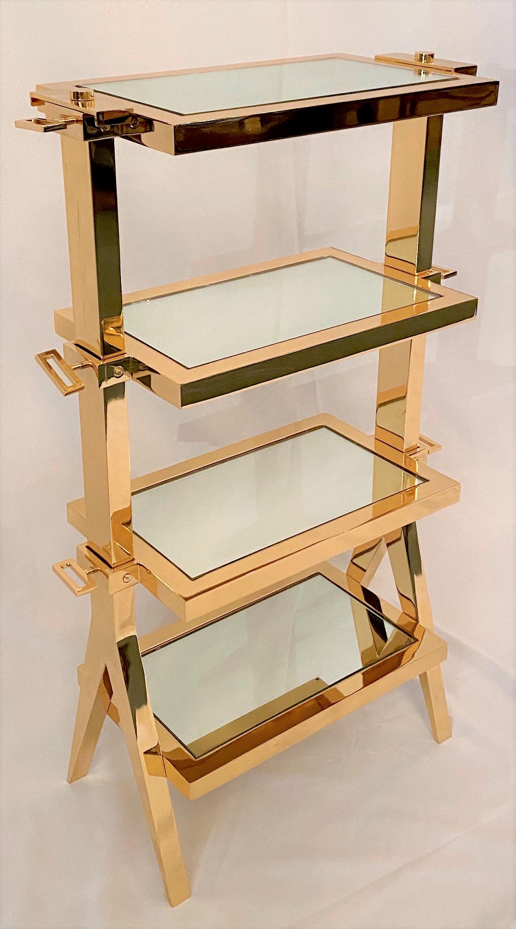 Gold Plate Pair of Antique Art Deco Gold-Plated and Mirrored End Tables, circa 1940-1950