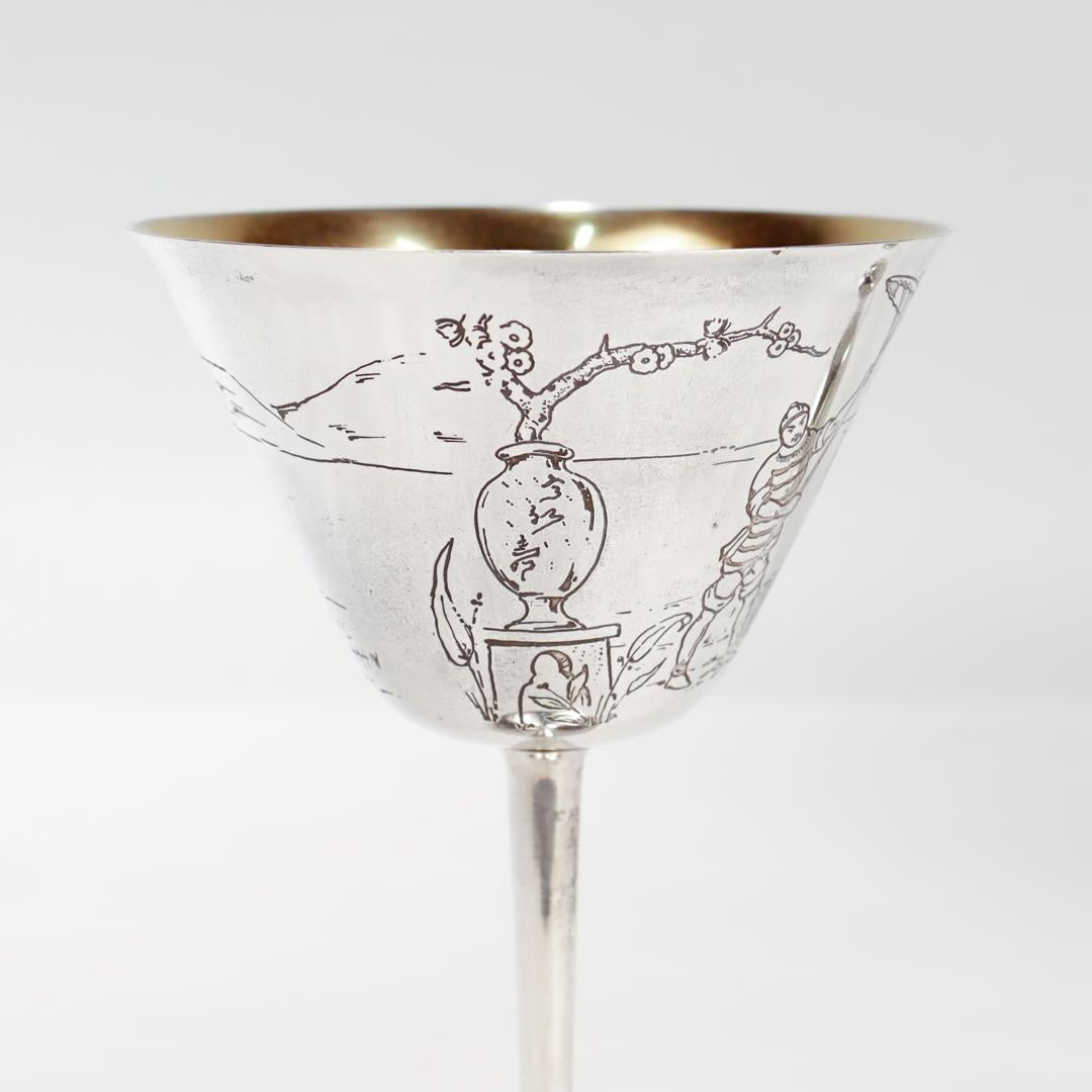 Paire de verres à queue de Martini Art Déco Gorham Sterling Silver Japonisme en vente 6